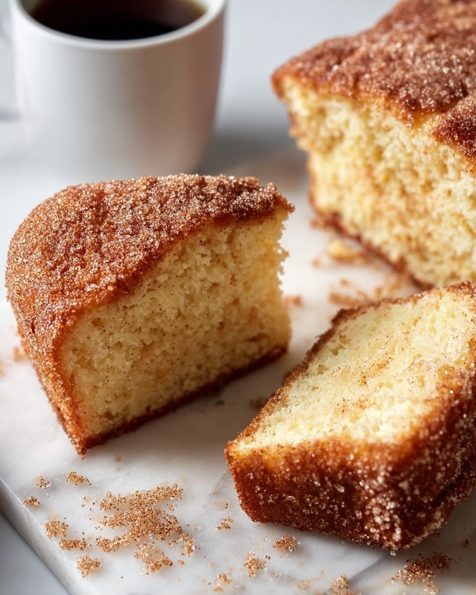 A soft, light brown cake with a slightly rough texture is cut in half and laid on a white plate. The cake has two main layers: a thick, golden-brown crust covered in a dusting of white sugar and cinnamon on top, and a fluffy, pale yellow inside with a tender crumb. Beside the cake pieces, a white cup filled with black coffee sits on the same white marbled surface, adding contrast to the scene. photo taken with an iphone --ar 4:5 --v 7