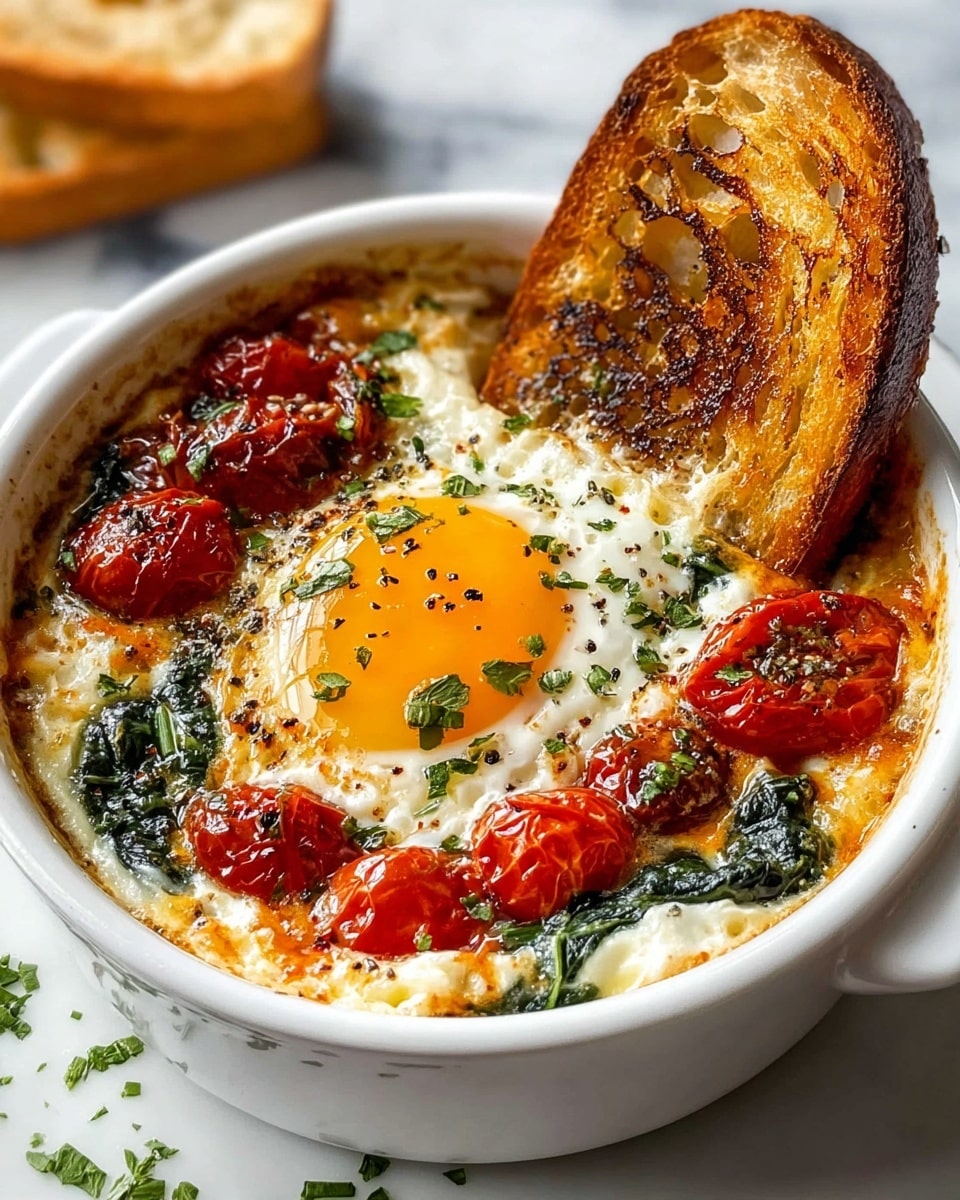 A white round ceramic dish filled with a baked egg dish showing one bright yellow egg yolk in the center, surrounded by soft white cheese, wilted dark green spinach, and roasted red cherry tomatoes. The top is sprinkled with chopped fresh green herbs and a dash of black pepper. One crispy brown toasted bread slice is placed inside the dish on the right side, partially dipped in the food. The dish sits on a white marbled textured surface with another piece of toasted bread in the background. Some chopped herbs are scattered around the dish. Photo taken with an iphone --ar 4:5 --v 7