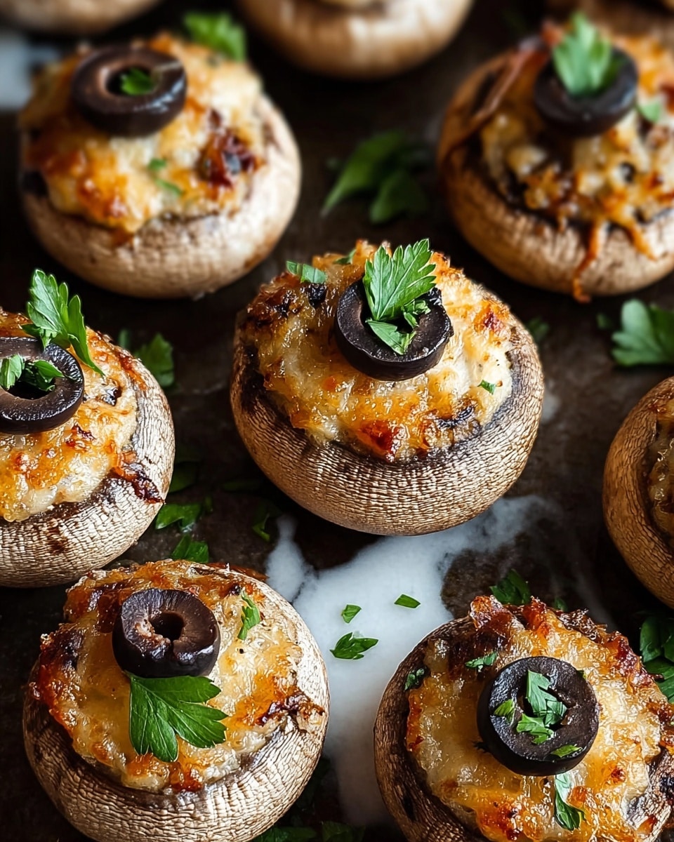 The image shows several stuffed mushrooms arranged close together. Each mushroom has a thick base with a light brown color and detailed textured caps. On top, there is a golden-brown cheesy filling with a slightly crispy surface. Each stuffed mushroom is topped with a shiny black olive slice and a small green parsley leaf for decoration. The mushrooms are placed on a dark tray, which contrasts with their colors and textures. photo taken with an iphone --ar 4:5 --v 7