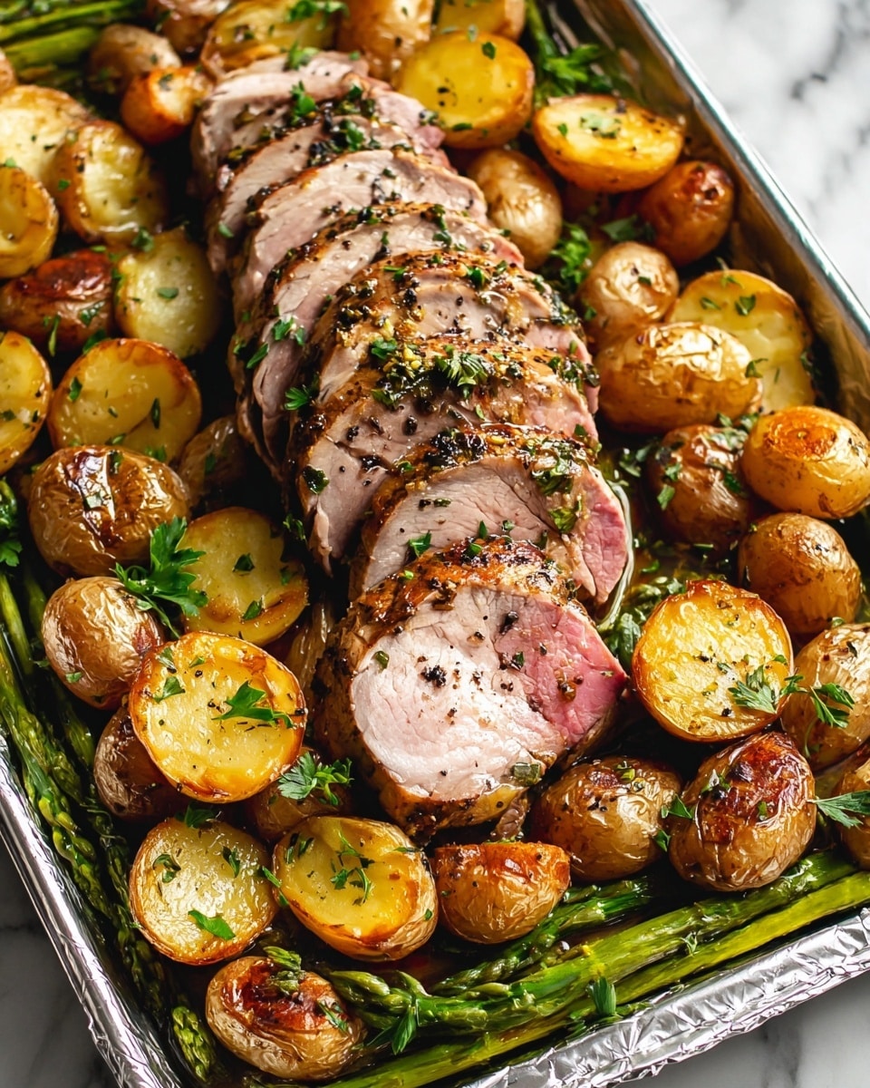A tray filled with a sliced pork tenderloin placed in the center with a light pink inside and a seared brown outside, sprinkled with chopped green herbs and black pepper. Surrounding the meat are golden-brown roasted baby potatoes, some halved to show their soft yellow inside, and garnished with small green herb leaves. Green asparagus stalks lie underneath and between the potatoes and meat, adding a touch of green and texture variety. The tray is on a white marbled surface, and the lighting highlights the juicy, tender texture of the meat and the crispy skins of the potatoes. photo taken with an iphone --ar 4:5 --v 7