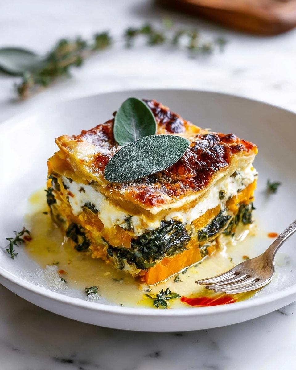 A slice of lasagna sits on a white plate with a slightly raised edge, showing four visible layers: a browned, bubbly top cheese layer with golden and crispy spots, beneath it a bright orange pumpkin or squash layer, followed by a dark green spinach or herb layer, and a creamy white sauce layer at the bottom. The lasagna slice is garnished with two large green sage leaves on top and sprinkled lightly with white cheese. Around the base of the slice, creamy melted sauce pools with a few drops of reddish oil. Small thyme sprigs are scattered on the plate, and a vintage silver fork is placed on the right side, partially under the lasagna. The plate is set on a white marbled surface. Photo taken with an iphone --ar 4:5 --v 7