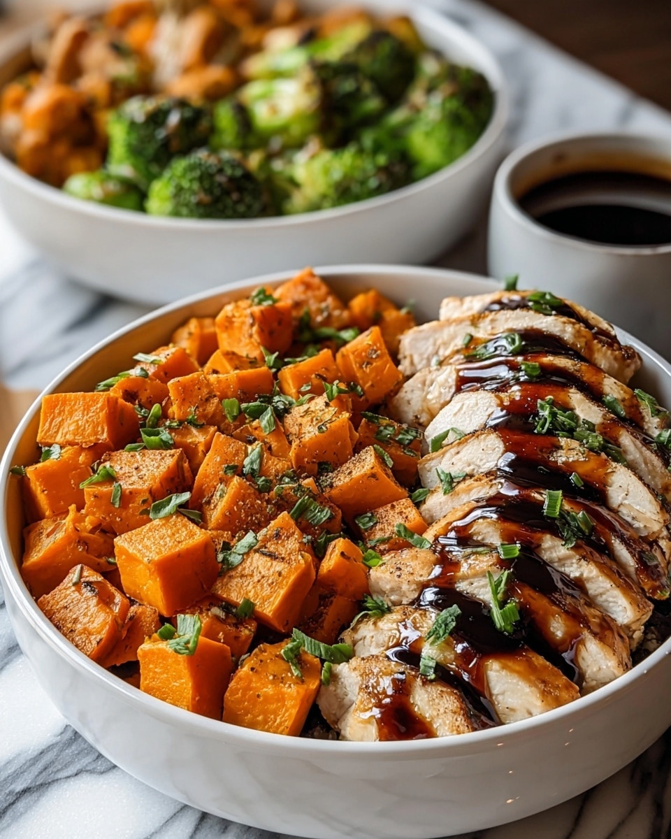 The dish shows a white bowl filled with three main layers: the bottom layer is a bed of grains or rice peeking through; the middle layer has large, bright orange roasted sweet potato cubes with a slightly crispy texture; the top layer features sliced grilled chicken breast with a golden brown, slightly charred surface, drizzled with a dark brown sauce. Fresh green herbs are sprinkled over the chicken and sweet potatoes for garnish. The setting is on a white marbled surface, and in the blurred background, another bowl holds similar ingredients with some green vegetables visible, along with a small bowl of dark sauce. Photo taken with an iphone --ar 4:5 --v 7