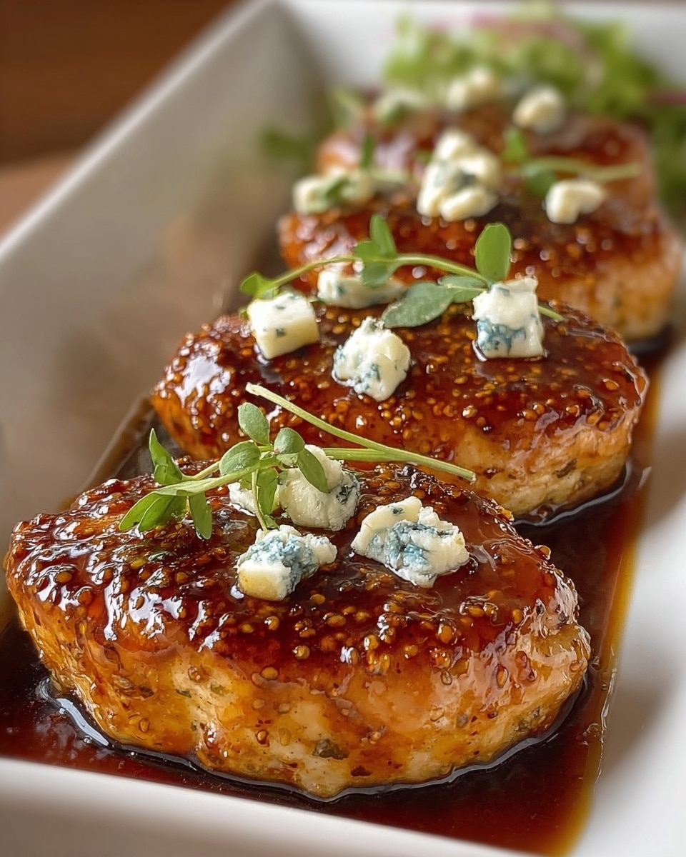 The image shows four thick pieces of golden-brown seared meat or tofu arranged closely in a white rectangular dish. Each piece is glazed with a shiny, dark reddish-brown sauce that has a slightly grainy texture, likely from spices or seeds. On top of each piece, there are small dollops of white and blue cheese crumbles and fresh green herb sprigs scattered lightly across, adding a fresh touch. The dish sits on a white marbled surface with a blurred bowl of green salad in the background. The lighting highlights the glossy sauce and textured toppings beautifully. photo taken with an iphone --ar 4:5 --v 7