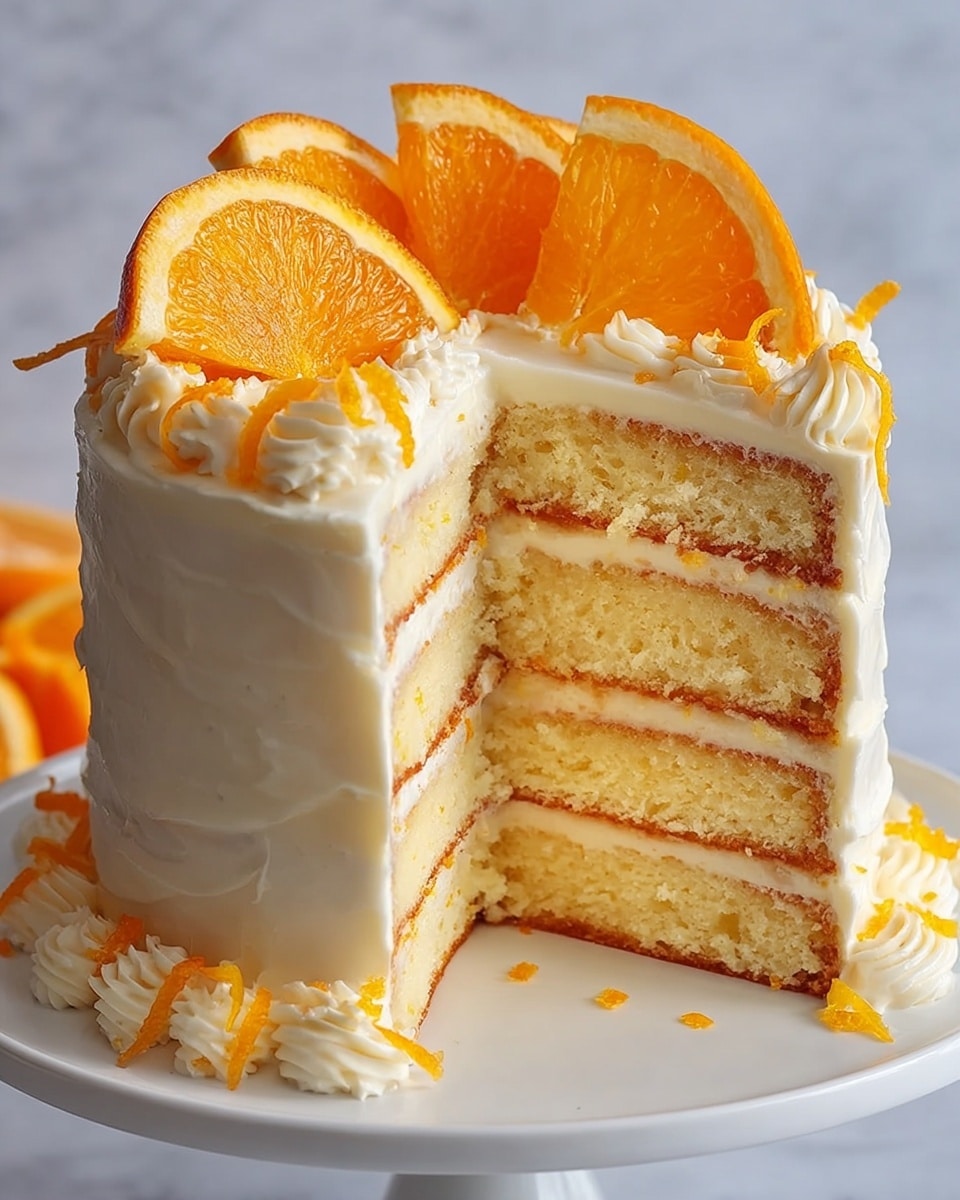 A four-layer round cake with light golden sponge layers separated by smooth white frosting, topped with three bright orange citrus slices. The outside is coated evenly with white frosting adorned with small piped rosettes around the edges and decorated with thin strands of orange zest scattered on top and around the base. The cake is placed on a simple white plate set on a white marbled surface. The interior shows soft, moist cake layers with detailed texture visible inside. Photo taken with an iphone --ar 4:5 --v 7