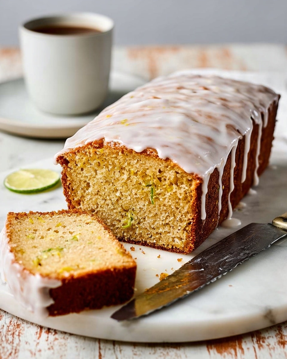 A rectangular loaf cake with a golden brown outside and a moist, light yellow inside is shown, with one thick slice cut and laid flat in front. Both the loaf and slice have a thin, smooth white icing layer on top that gently drips down the sides. The cake rests on a white plate with a delicate pattern, placed on a white marbled surface. A large knife with a black handle lies next to the cake, and a white cup with steaming coffee is seen in the background on the right. Photo taken with an iphone --ar 4:5 --v 7