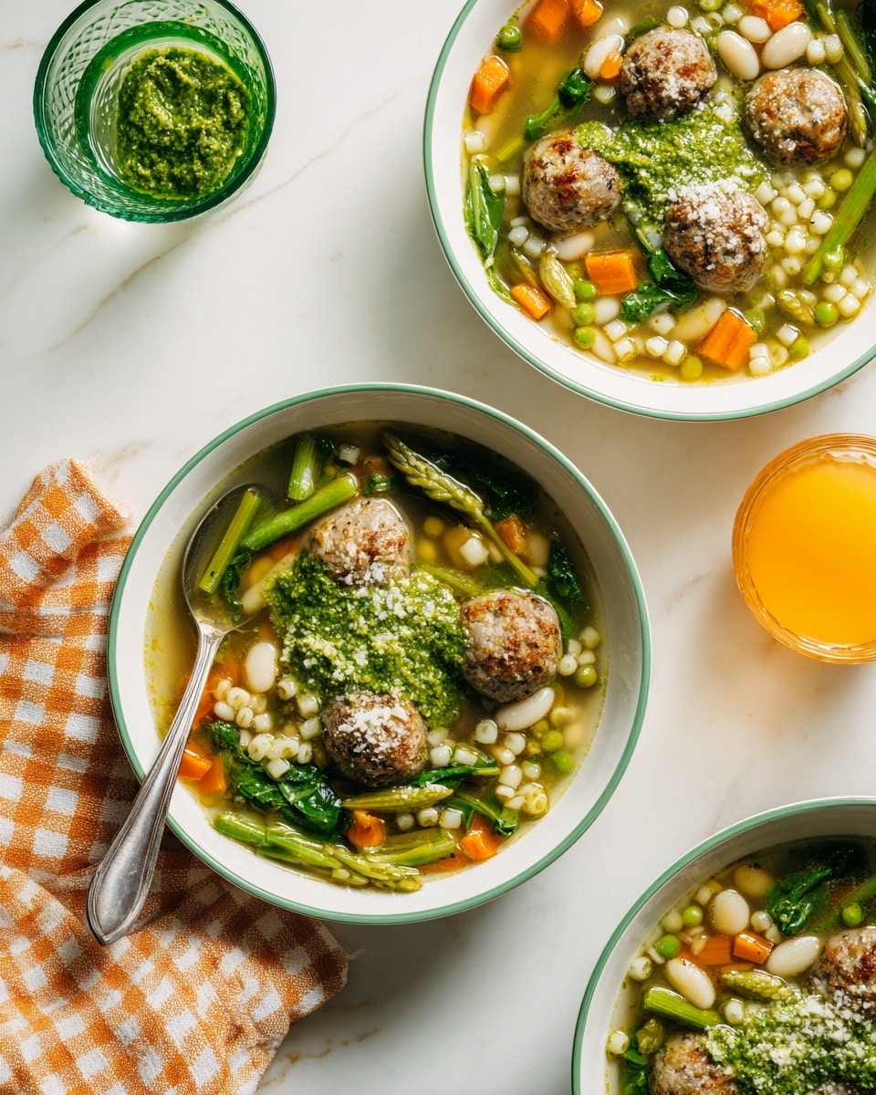Two white bowls with green rims are filled with a colorful soup containing about three layers: a clear yellowish broth base, pieces of light pasta, orange carrot cubes, green beans, beans, dark green spinach, brown meatballs, and a dollop of green pesto with a sprinkling of grated cheese on top. One bowl has a silver spoon in it. The bowls rest on a white marbled surface along with an orange cloth napkin beside a silver spoon, and two glasses, one green and one light amber. Photo taken with an iphone --ar 4:5 --v 7