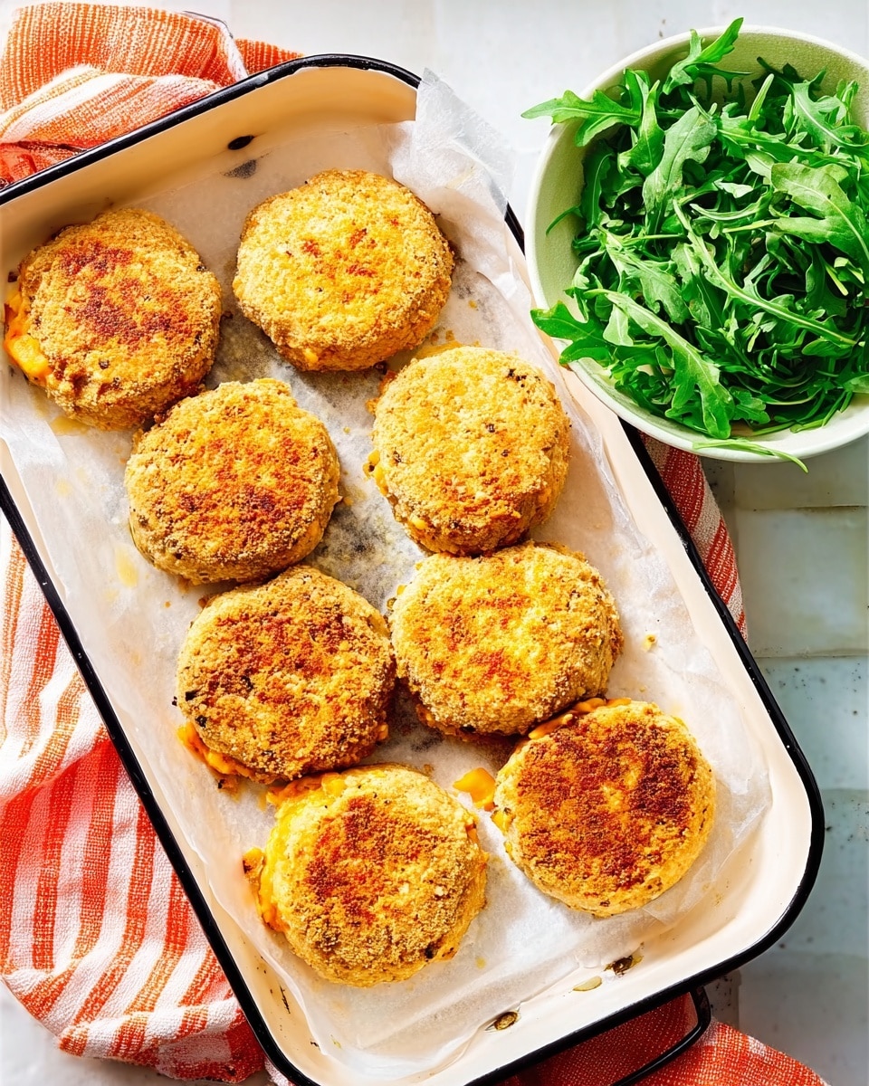 Eight round, golden-brown patties with a crispy, breadcrumb-coated texture are arranged on white parchment paper in a white enameled baking tray with black edges. The patties show slight cracks and browned spots, suggesting they are crunchy outside and soft inside. The tray sits on a white marbled surface with a blurred orange and white striped cloth nearby. To the right of the tray, there is a white bowl filled with fresh green arugula leaves. The lighting is bright and natural, casting soft shadows. Photo taken with an iphone --ar 4:5 --v 7