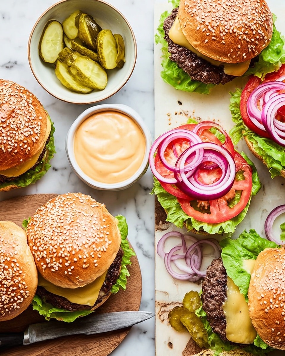 The image shows four burgers at different stages of assembly on a white marbled surface. One finished burger on a sesame seed bun has green lettuce at the bottom, a slice of red tomato, a melted yellow cheese slice, grilled brown beef patty, purple onion rings, and the top sesame seed bun. Two open burgers have a base sesame seed bun covered with green lettuce, then the beef patty, a round slice of tomato on one and melted yellow cheese with purple onion rings on the other. A fourth bottom bun has green lettuce, melted cheese, and purple onion rings. Around the burgers, there is a small white bowl with green pickles, a white bowl with creamy sauce, and a gray bowl with green lettuce. A knife with a wooden handle lies on a wooden board. A woman's hand is holding the top bun of one burger. The surface is scattered with a few sliced pickles and onion rings. Photo taken with an iphone --ar 4:5 --v 7