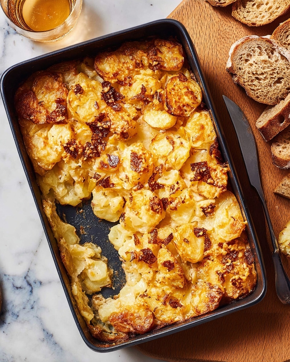 The image shows a black baking dish filled with one layer of golden-brown smashed roasted potatoes. The potatoes are cracked and crushed with some edges crispy and browned, while the inside looks soft and creamy. There are small bits with a slightly darker caramelized texture scattered across the top. The baking dish is placed on a white marbled surface, and nearby are pieces of pretzel and a glass with a frothy orange drink. Photo taken with an iphone --ar 4:5 --v 7