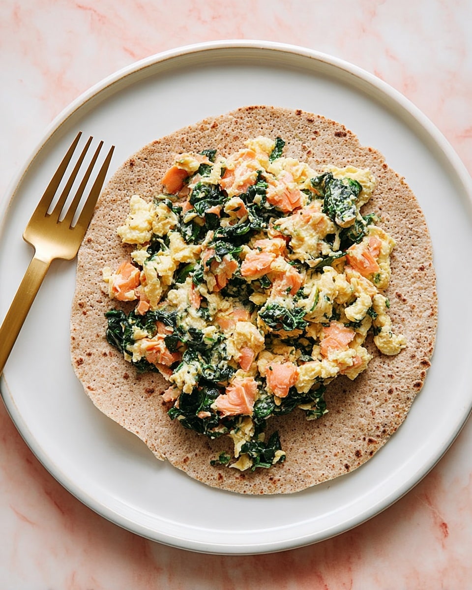A round, flat brown tortilla lies on a white plate set on a white marbled surface with a pink cloth underneath part of the plate. On top of the tortilla is a mix of scrambled eggs with green spinach leaves and small orange pieces of salmon, spread in a rough circle near the center. To the left of the tortilla, on the plate, is a gold fork resting diagonally with its handle pointing toward the bottom edge of the image. Photo taken with an iphone --ar 4:5 --v 7
