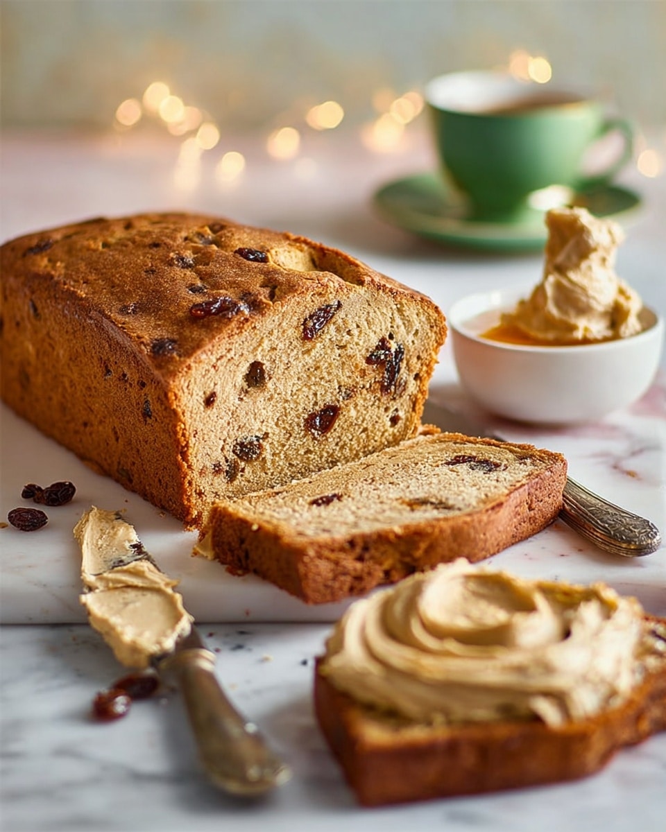 A loaf of raisin cake with a golden brown crust rests on a white board over a white marbled texture. The cake is sliced, showing a soft, light brown inside dotted with dark raisins. Two slices lie next to the loaf; one slice is topped with a swirled layer of light brown, creamy spread. A silver knife with a light-colored handle, smeared with some spread, rests alongside. In the foreground, there is a small white bowl filled with more of the same creamy spread. The background is softly blurred, featuring warm bokeh lights and a white marbled texture. Photo taken with an iphone --ar 4:5 --v 7