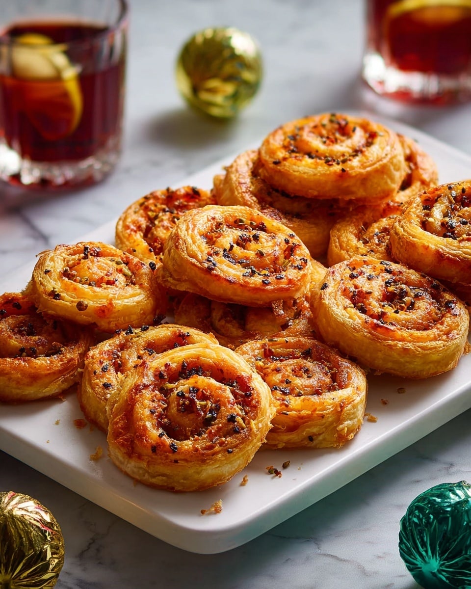 The image shows a white rectangular plate filled with ten golden brown puff pastry pinwheels arranged in a slightly messy way. Each pinwheel has a textured look from layers of flaky dough and a visible spiral pattern filled with a reddish-orange filling containing small bits of herbs and spices. The tops are sprinkled with black and red seasoning flakes, adding texture and color contrast. The plate is set on a white marbled surface with a crystal glass of red drink garnished with a lemon wedge nearby. A small green ornament lies in the lower right corner, and some spice powder is scattered on the surface photo taken with an iphone --ar 4:5 --v 7