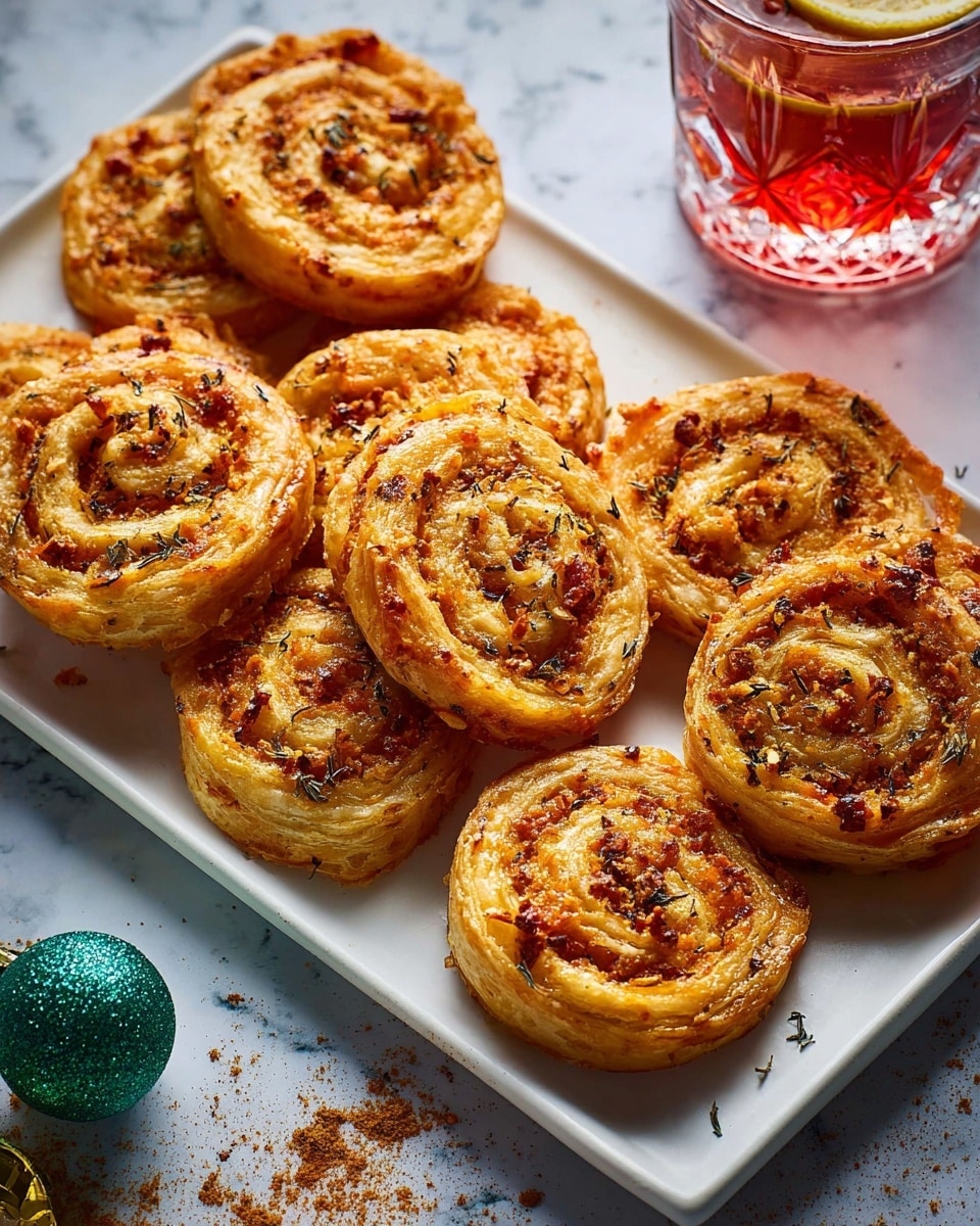 A white rectangular plate holds ten round puff pastry pinwheels, each about two layers thick with a golden-brown flaky crust. The pinwheels have a spiral shape showing orange-red filling swirled inside, topped with black seeds and red spices. The plate sits on a white marbled surface with two glasses of dark red drink with lemon slices placed nearby. Small decorative objects with shiny green and gold surfaces are slightly blurred around the edges. Photo taken with an iphone --ar 4:5 --v 7