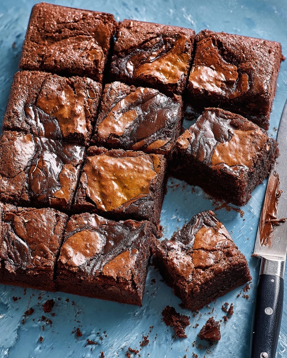 A close-up view of a batch of 16 chocolate brownies cut into square pieces and arranged in a roughly 4x4 grid on a dark blue textured board, with one brownie a bit separated in the front showing a moist, dense interior and shiny melted chocolate pockets, the surface of each brownie has a cracked, slightly crisp crust with rich dark brown tones and occasional lighter swirls of chocolate or caramel. A silver knife with a dark handle rests in front of the brownies on the board, and the whole scene is set against a white marbled textured background. photo taken with an iphone --ar 4:5 --v 7