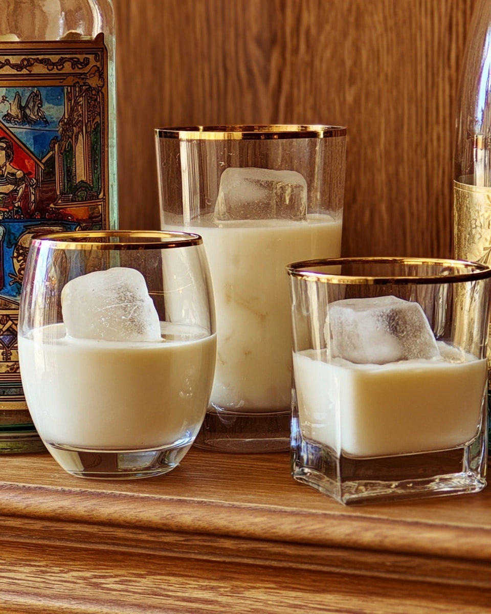 Three glasses filled with a creamy white drink each containing large clear ice cubes are arranged on a wooden surface with a carved wooden background. The glass on the left is short and slightly wider at the bottom with smooth cream inside. The glass in the center is taller with a gold rim, filled with the same creamy drink and clear ice cubes stacked inside. The glass on the right is short with a thicker base, holding the creamy white drink and one large ice cube. A decorative white egg with black patterns is partly visible on the left, and a tall bottle with a colorful label is on the right, both sitting on the wooden surface. photo taken with an iphone --ar 4:5 --v 7