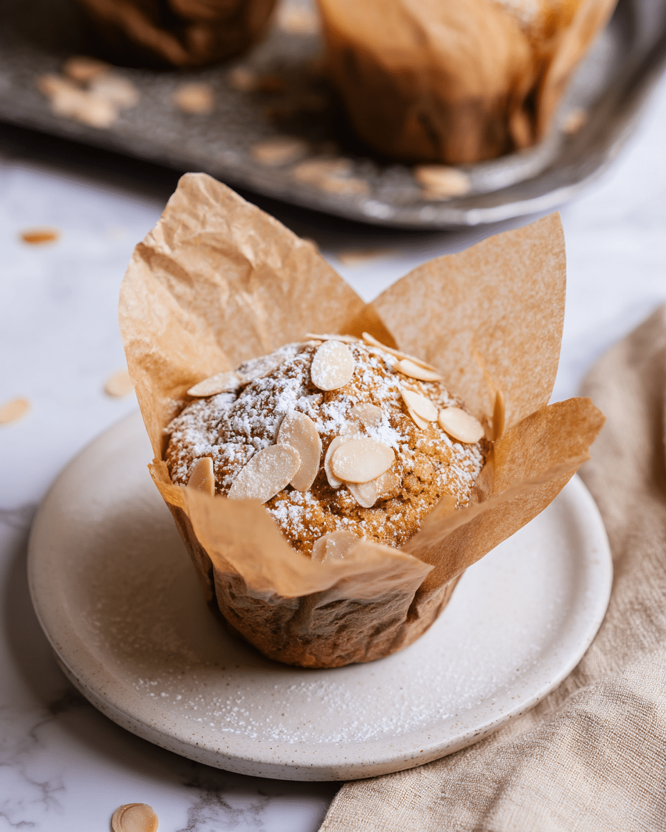 A single muffin wrapped in crinkled light brown parchment paper sits centered on a plain white round plate. The muffin has a golden brown top sprinkled unevenly with light beige sliced almonds and a dusting of white powdered sugar. The muffin's surface looks soft and slightly textured. In the background, there is another muffin on a rustic tray and a beige fabric with soft folds, all placed on a white marbled surface. photo taken with an iphone --ar 4:5 --v 7