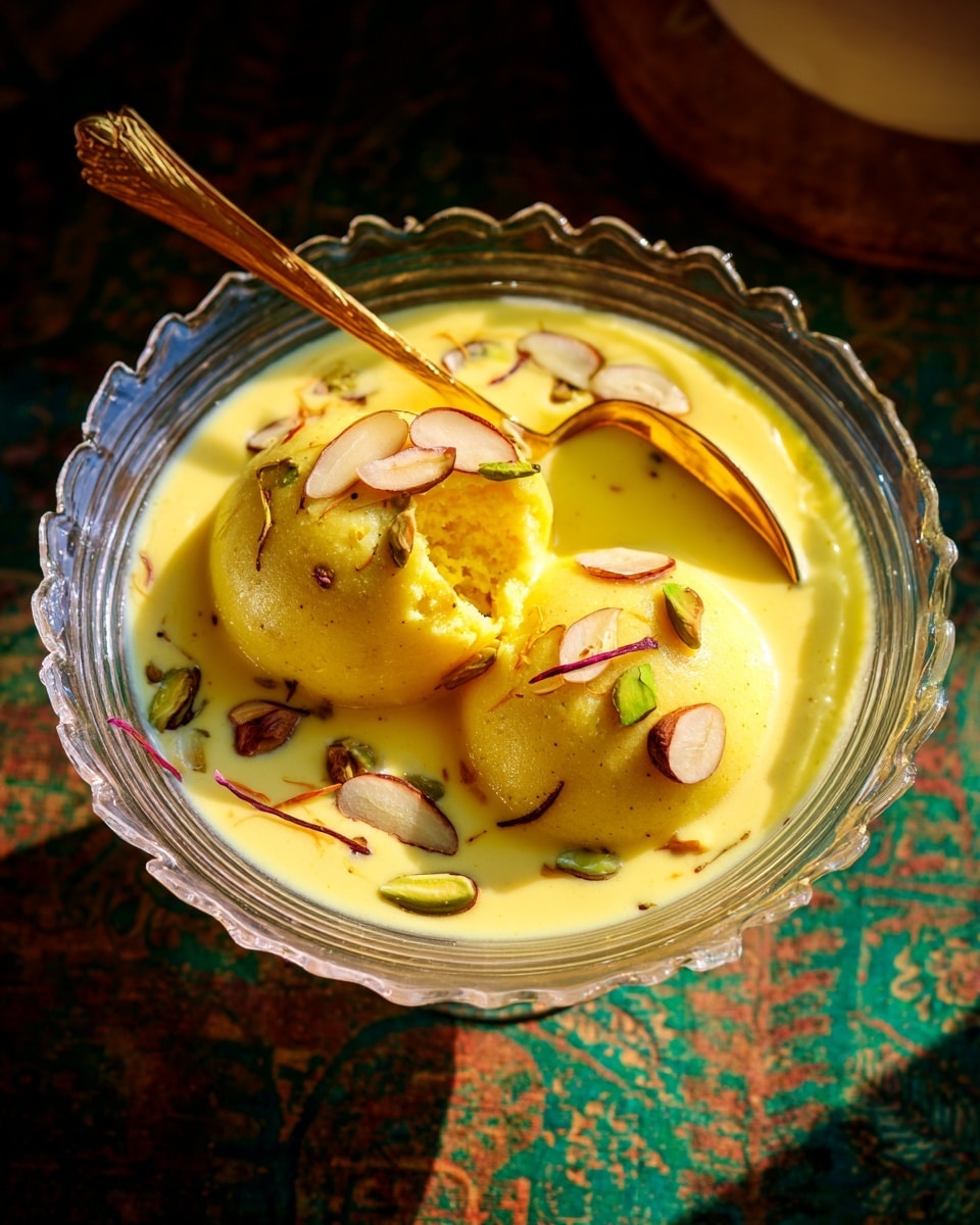 The image shows a clear glass bowl with two round, yellow spongy cakes floating in a creamy light yellow liquid, garnished with green pistachio pieces and thin almond slices. One of the cakes is partially dipped, revealing its soft texture. A golden spoon is placed inside the bowl, resting on the edge. The bowl sits on a white marbled surface with a colorful patterned cloth underneath it. The overall lighting is warm and bright, enhancing the golden tones of the dessert. photo taken with an iphone --ar 4:5 --v 7