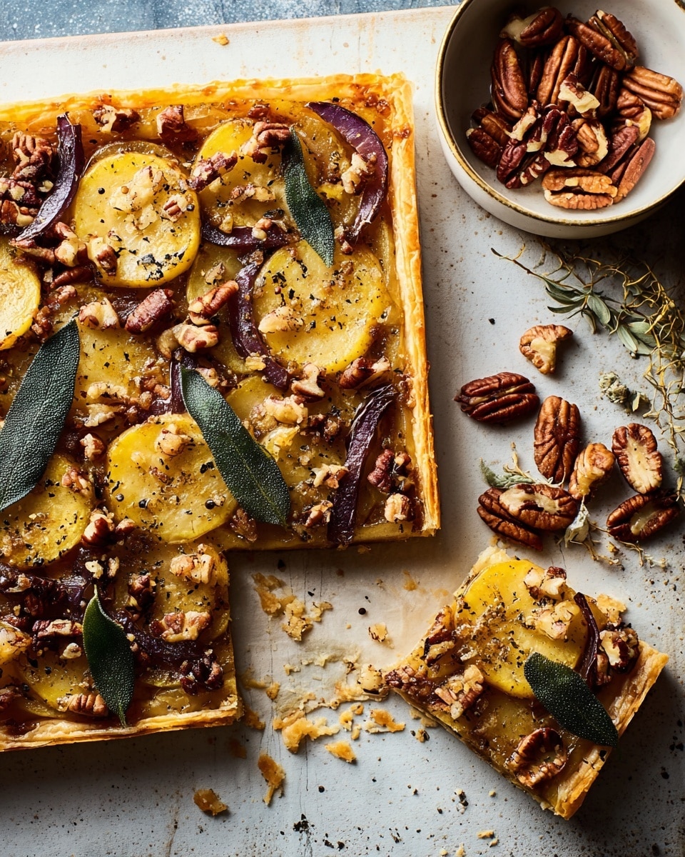 A square tart with a golden, flaky crust forms the base layer, topped with thin round slices of yellow potatoes. Scattered over the potatoes are small cubes of crisp bacon, toasted pecan halves, caramelized deep purple onions, and whole green sage leaves, creating a mix of colors and textures. The tart has a shiny, slightly oily surface with visible black pepper sprinkled throughout. One piece is sliced and placed slightly apart in the front, with some loose pecans in a white bowl next to the tart. The tart sits on a gray board atop a wooden surface with a white marbled texture visible in the background. photo taken with an iphone --ar 4:5 --v 7