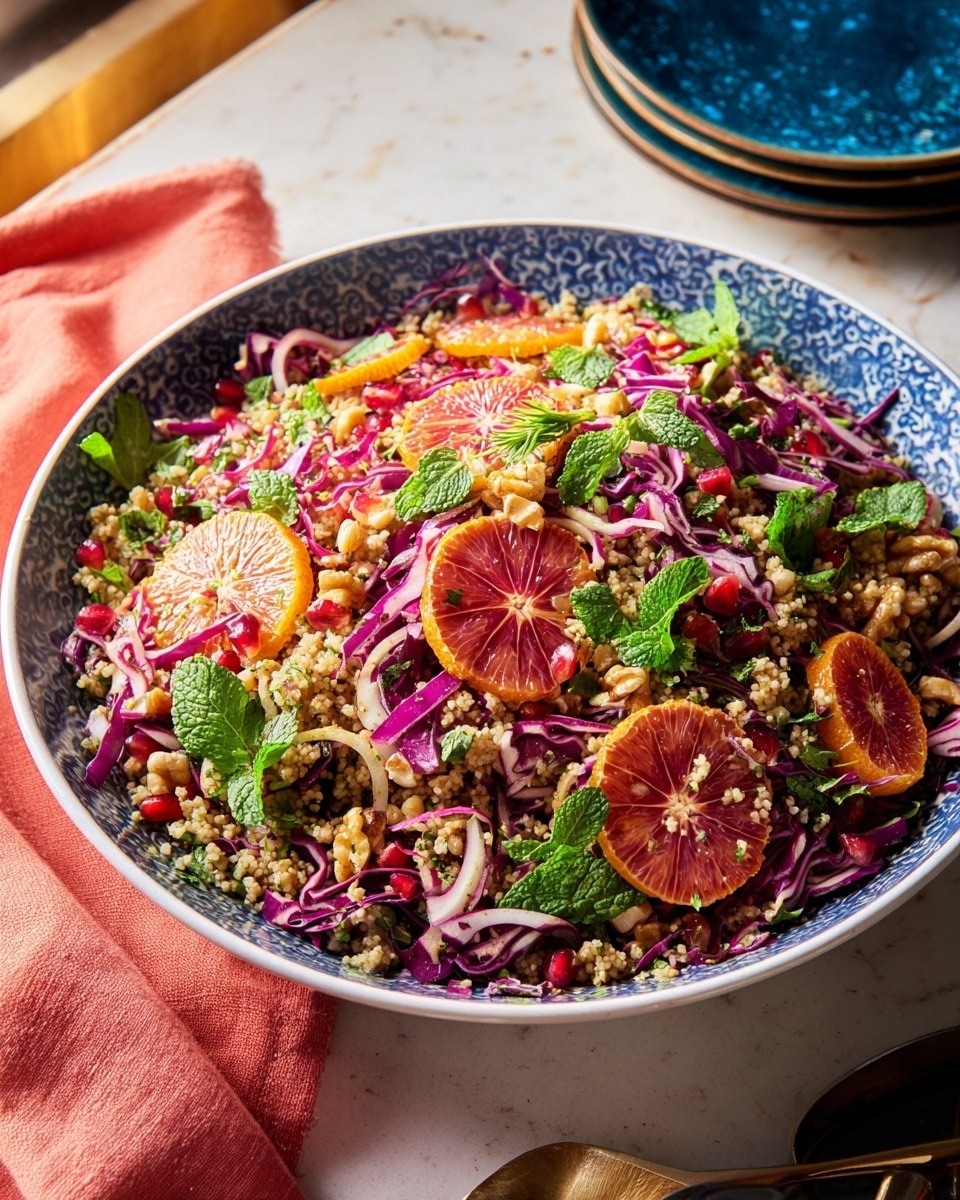 A close-up view of a salad in a white plate with blue patterned rim, layered with grains at the base in a light tan color, topped with bright red-orange blood orange slices scattered across, mixed with thin strips of purple cabbage, small green herb leaves like parsley and mint, thin white onion slices, pomegranate seeds, and light brown walnut chunks, all giving a fresh, colorful mix. The plate sits on a white marbled texture with a soft orange cloth nearby, and gold-colored cutlery is placed to the side. photo taken with an iphone --ar 4:5 --v 7