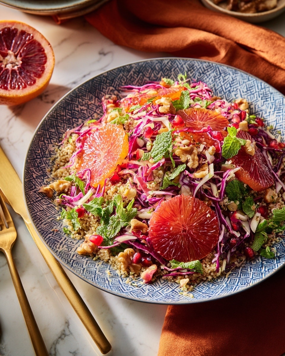 The dish is a colorful salad served in a deep white bowl with blue patterns along the rim. The bottom layer is light tan bulgur wheat, mixed evenly with thin strips of bright purple cabbage. On top, there are round slices of red blood orange scattered throughout, adding a burst of color. Fresh green leaves of parsley and mint are placed evenly across the salad. There are also small red pomegranate seeds and light beige walnut pieces mixed in. The salad is unevenly spread with thin white onion slices visible in some parts. The bowl sits on a white marbled texture surface with a soft coral cloth nearby and a partially visible stack of blue patterned plates in the background. Photo taken with an iphone --ar 4:5 --v 7