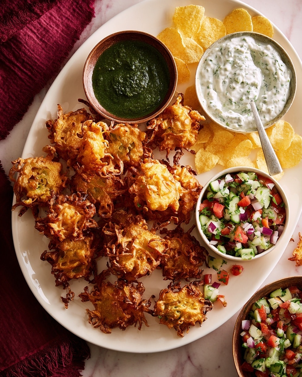 A large white oval plate holds a colorful snack platter arranged in layers. The bottom layer is a bed of golden-yellow crispy chips scattered along the left and right edges. The middle layer consists of multiple golden-brown, irregular-shaped fried onion pakoras with a crunchy texture, placed around the center and slightly overlapping the chips. On top of the pakoras lie three small white bowls filled with different dips: a dark green smooth chutney with a small light-colored spoon inside, a creamy white yogurt-based dip mixed with visible chopped herbs, and a fresh mixed salad of diced cucumbers, tomatoes, onions, and green herbs, vibrant with red, green, and purple colors. The background is a white marbled surface with a folded deep red cloth partially visible on the left side. Photo taken with an iphone --ar 4:5 --v 7