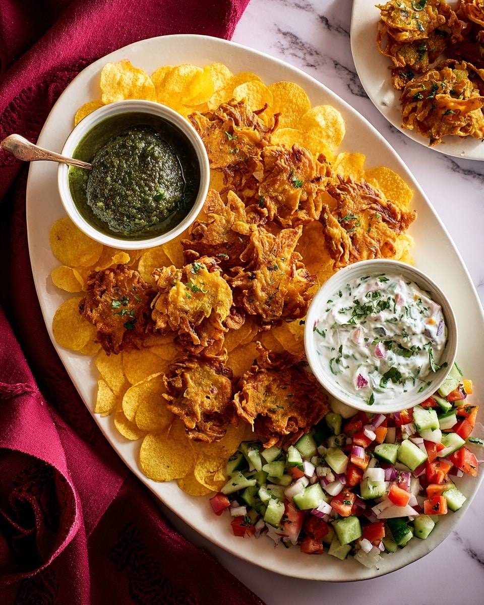 A large white oval plate on a white marbled surface holds three small bowls and a generous pile of golden brown, crispy onion fritters arranged in clusters in the center and right side. The top left bowl contains a smooth dark green chutney with a small spoon resting inside. The top right bowl has a creamy white raita sauce with visible chopped green herbs mixed in. The bottom bowl is filled with a fresh salad of finely chopped cucumbers, tomatoes, red onions, and fresh herbs, showing a mix of green, red, and purple colors. Around the fritters and bowls are scattered pale yellow crispy chips. A burgundy cloth is partially visible on the left side. Photo taken with an iphone --ar 4:5 --v 7