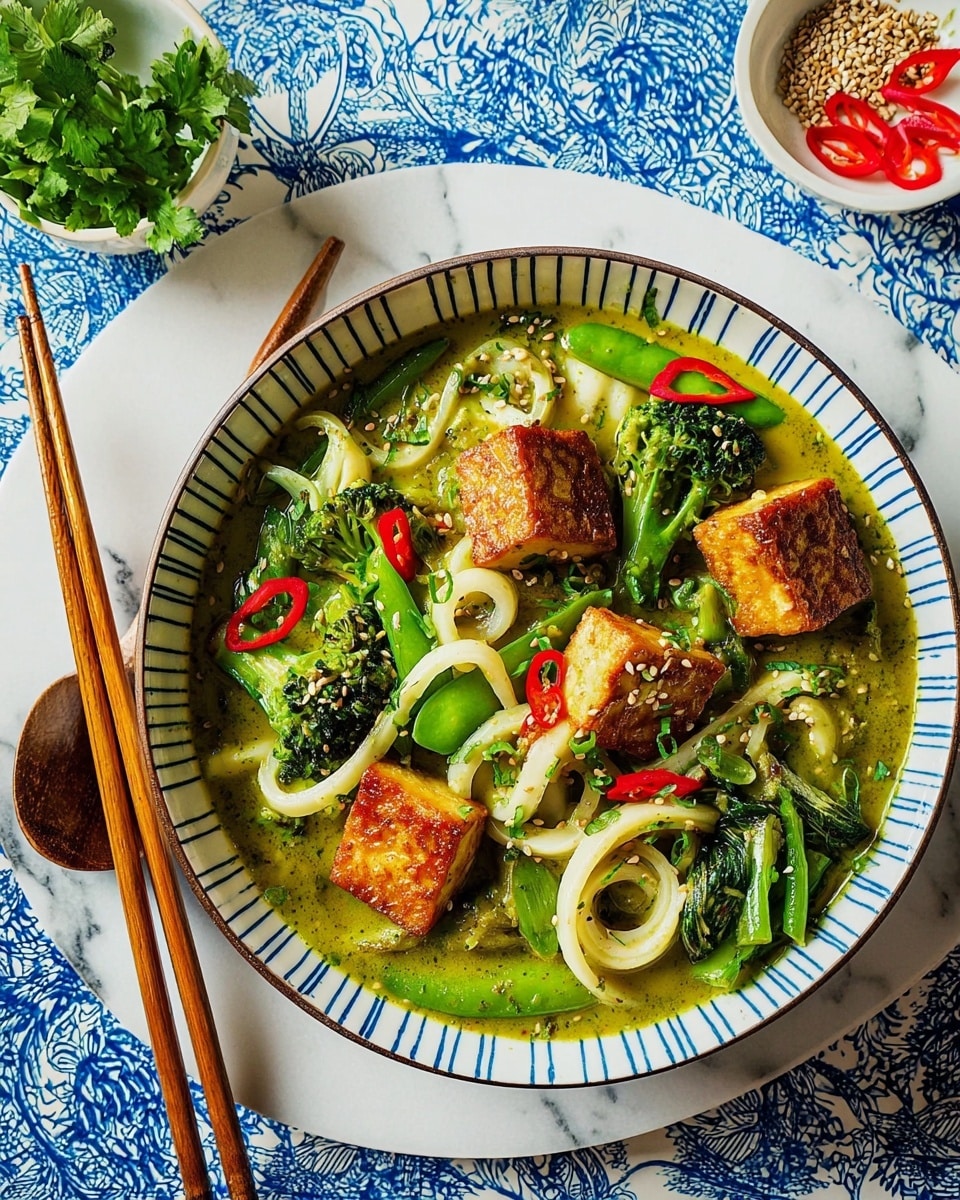 A white bowl filled with thick white udon noodles in a green curry broth forms the base layer, topped with green vegetables like broccoli florets, snap peas, and bok choy for a fresh look. Golden-brown fried tofu cubes are scattered on top, adding a crispy texture. Bright red chili slices and light tan sesame seeds are sprinkled over the dish, adding color contrast and visual interest. The bowl sits on a white plate with blue lines, with wooden chopsticks resting beside it on a dark blue patterned cloth, all placed on a white marbled surface. A small white bowl holding extra sesame seeds, chopped green herbs, and red chili slices is nearby. photo taken with an iphone --ar 4:5 --v 7