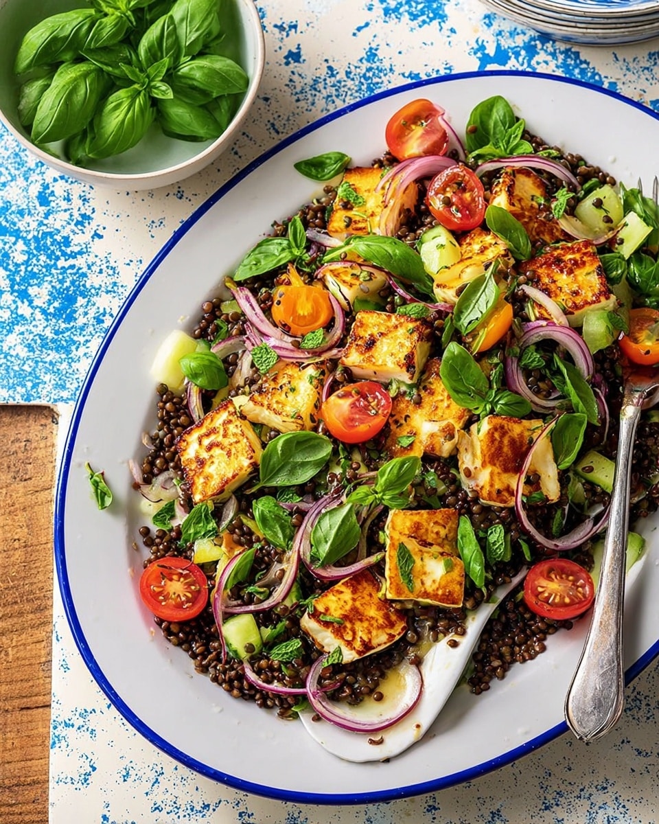 A large white plate with a blue rim holds a colorful salad made of multiple layers including dark brown lentils scattered over the dish, golden-brown seared halloumi cheese cubes, halved bright red cherry tomatoes, thin purple-red slices of red onion, fresh green basil leaves, mint leaves, and celery slices. A white spoon rests on the right side of the plate, partly submerged in the salad. The plate is placed on a wooden surface with a white marbled texture, accompanied by a small white bowl with a blue rim containing fresh green basil leaves. There is a blue and white patterned cloth near the plate adding a touch of detail. Photo taken with an iphone --ar 4:5 --v 7