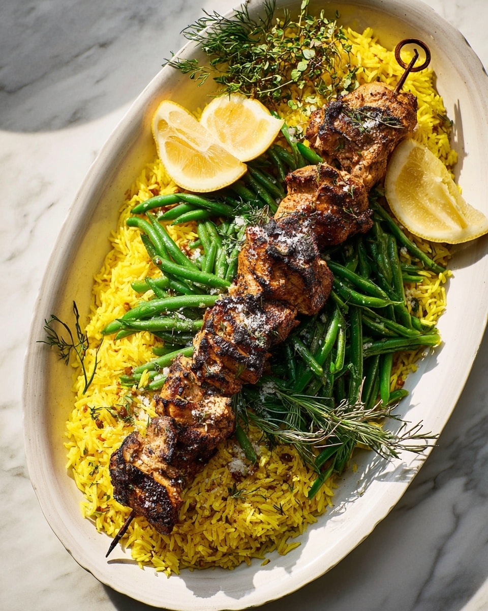 A white oval serving dish with two handles holds a vibrant meal. The bottom layer is bright yellow rice, fluffy and spread evenly. On top of the rice, fresh, crisp green beans are scattered, adding a fresh green color and texture. On one side of the dish, there is a skewer with grilled chicken pieces that are browned and have a slightly charred look, with some coarse salt sprinkled on top. Two lemon wedges are placed near the chicken, providing a fresh yellow contrast. Small green herb sprigs are scattered over the dish for garnish. The dish is placed on a white marbled surface, with part of a plain white plate visible at the edge. photo taken with an iphone --ar 4:5 --v 7