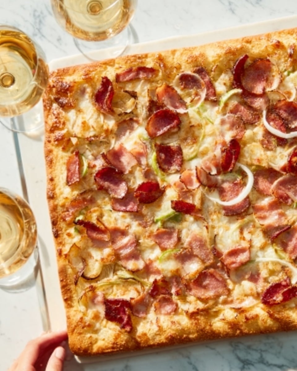 A rectangular pizza with a golden-brown crust sits on a white marbled surface. The pizza has three main layers: a base layer of melted cheese that covers the entire surface, a middle layer of thinly sliced onions and pieces of ham scattered evenly, and a topping layer of small bits of cooked bacon and melted cheese that looks slightly browned. The crust is thick and crispy, slightly puffed up around the edges. A woman's hand is gently holding one corner of the pizza. In the background, there are a couple of small clear glasses filled with light-colored drink and a bottle with a cork cap. Photo taken with an iphone --ar 4:5 --v 7