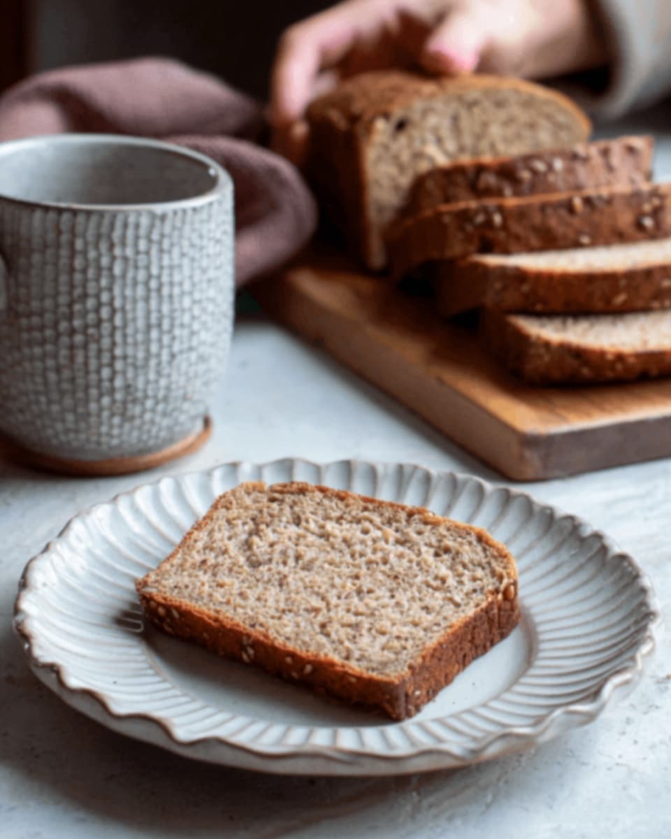 A slice of brown bread with a slightly coarse texture sits in the middle of a small white plate with a patterned design on the edge. Behind it, there are more slices of the same bread stacked on a wooden cutting board with a striped pattern. To the left, part of a gray cup with a handle is visible, placed on a dark brown wooden surface. A woman’s hand holds a cup near the top left corner of the image. The background is a white marbled texture. Photo taken with an iphone --ar 4:5 --v 7
