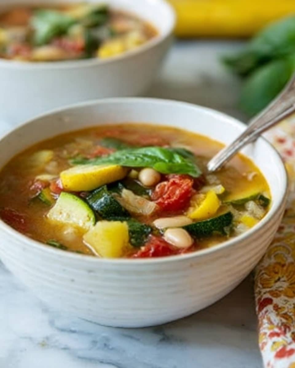 A white bowl filled with a colorful soup featuring multiple layers: at the bottom, a clear yellow broth, mixed with chunks of yellow squash and red tomato pieces, topped with fresh green basil leaves and small white beans scattered throughout. A silver spoon rests inside the bowl, and in the background, another white bowl is slightly blurred on a white marbled surface with some yellow lemons faintly visible. The scene is bright and fresh, showing a healthy, vibrant dish. photo taken with an iphone --ar 4:5 --v 7
