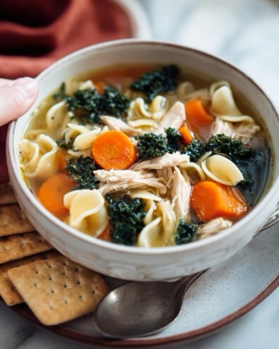 A white bowl filled with a clear broth of chicken soup, showing four main layers: at the bottom are large spiral pasta pieces, above them are chunks of orange carrots, tender shredded chicken, and dark green kale leaves floating on top, all mixed in the broth. The bowl sits on a white plate that holds several light-colored square crackers. A spoon and a woman's hand holding the bowl are partially visible above a white marbled surface. Photo taken with an iphone --ar 4:5 --v 7