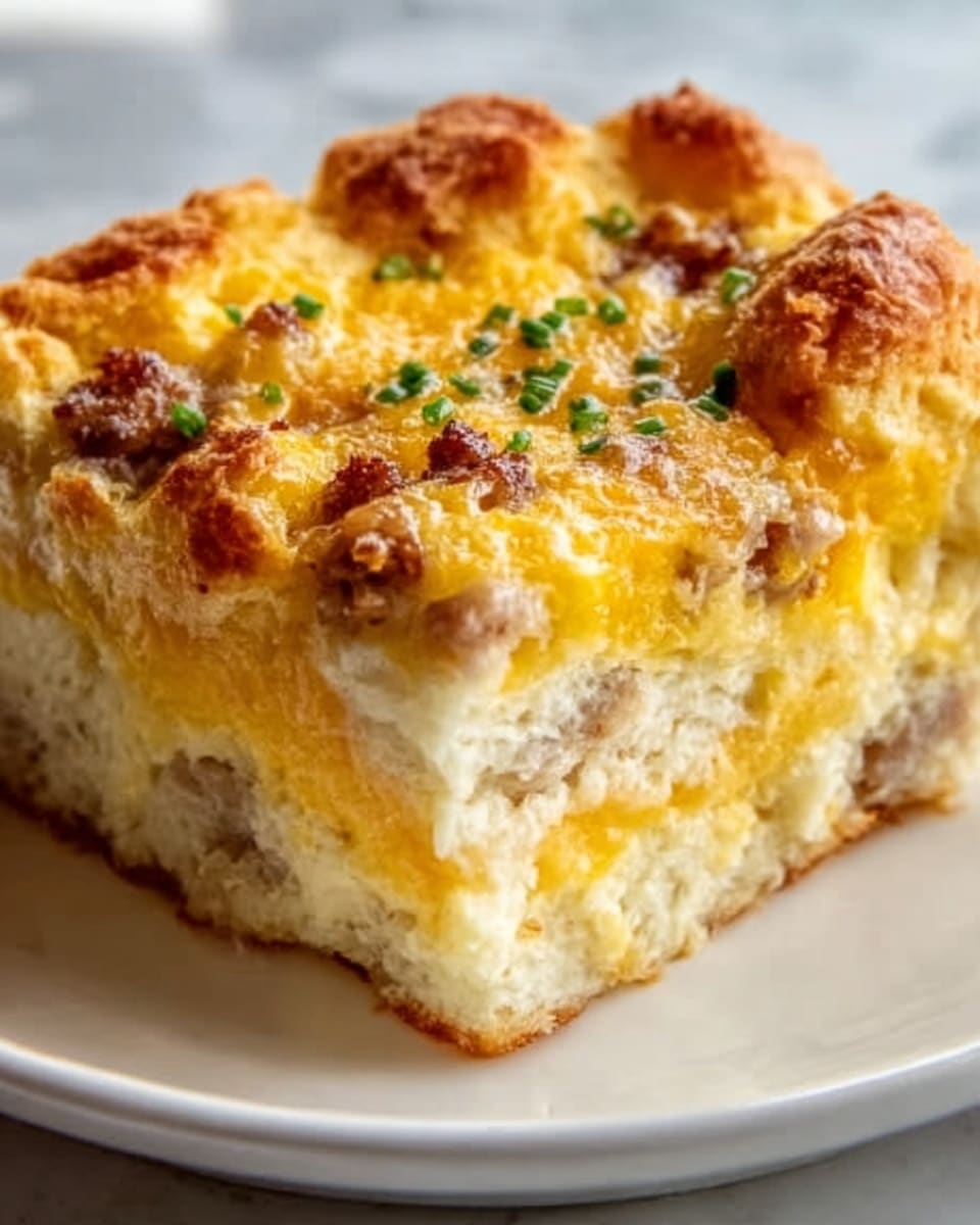 A close-up view of a square piece of a baked breakfast casserole on a white plate, showing two main layers: the bottom layer is light and fluffy with chunks of cooked sausage mixed throughout, and the top layer is golden brown and slightly puffy with melted cheddar cheese and small green chive pieces sprinkled on top. The texture looks soft and slightly crumbly, with the cheese melted heavily on the surface adding a glossy finish. The background is a white marbled texture. Photo taken with an iphone --ar 4:5 --v 7