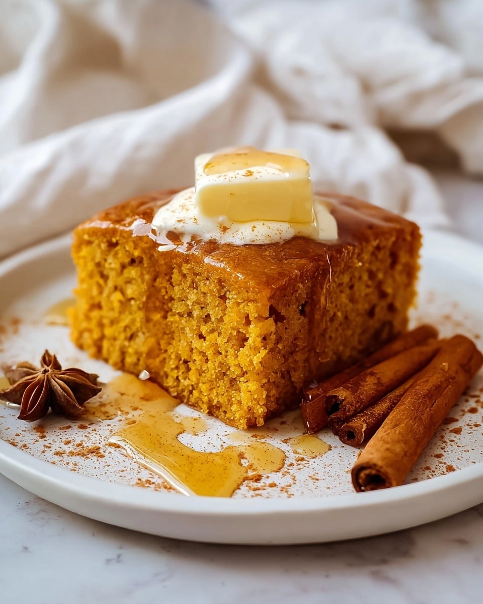 A single thick square piece of moist, orange-brown cake sits in the center of a white plate, topped with a melting square of pale yellow butter sprinkled with light brown cinnamon powder. Light amber syrup is drizzled over the cake’s top and edges, pooling slightly on the plate. A cinnamon stick and a star anise lie on the plate beside the cake. The surface under the plate is a white marbled texture. photo taken with an iphone --ar 4:5 --v 7