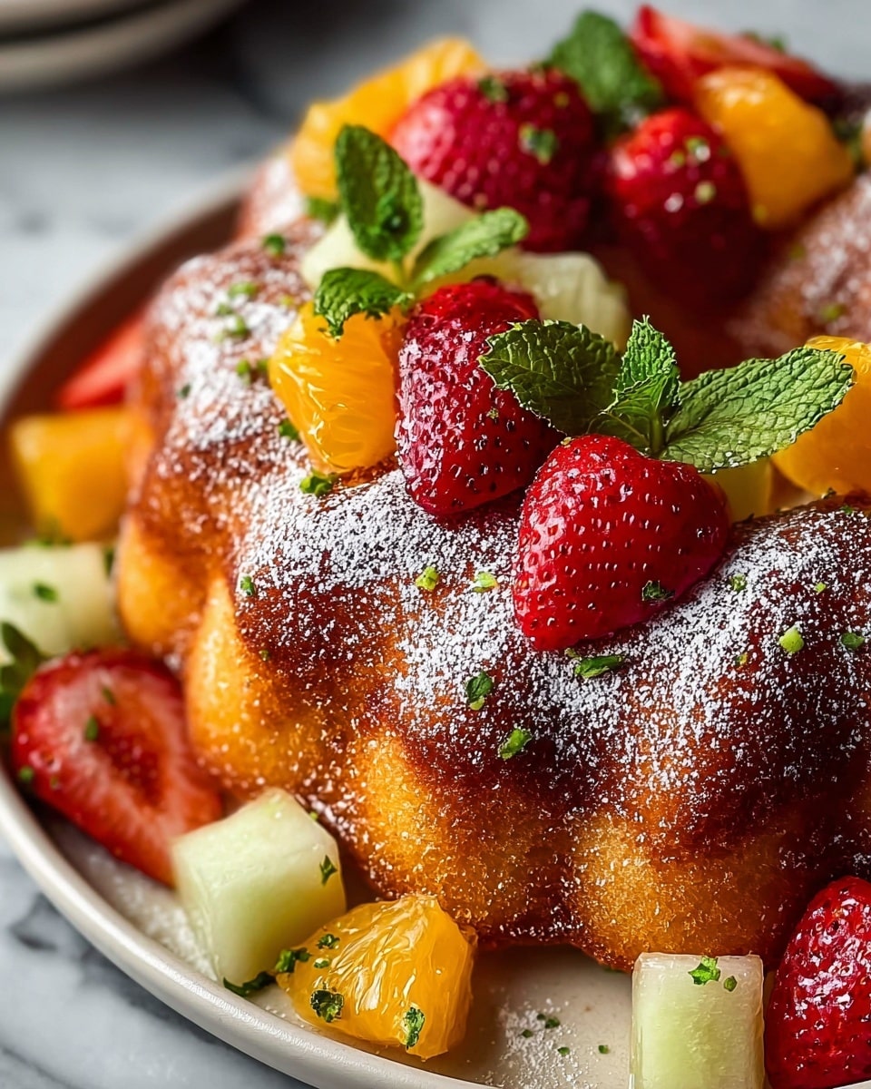 A close-up of a golden brown bundt cake with a dusting of powdered sugar on top, sitting in the center of a white plate. The cake has a slightly crispy texture on the outside and is decorated with halved ripe red strawberries, chunks of bright orange segments, and light green melon pieces scattered around and on top. Fresh green mint leaves are placed in the middle, and tiny green herb bits are sprinkled over the fruit and cake. A clear syrup lightly coats the bottom of the plate. The plate rests on a white marbled surface. Photo taken with an iphone --ar 4:5 --v 7