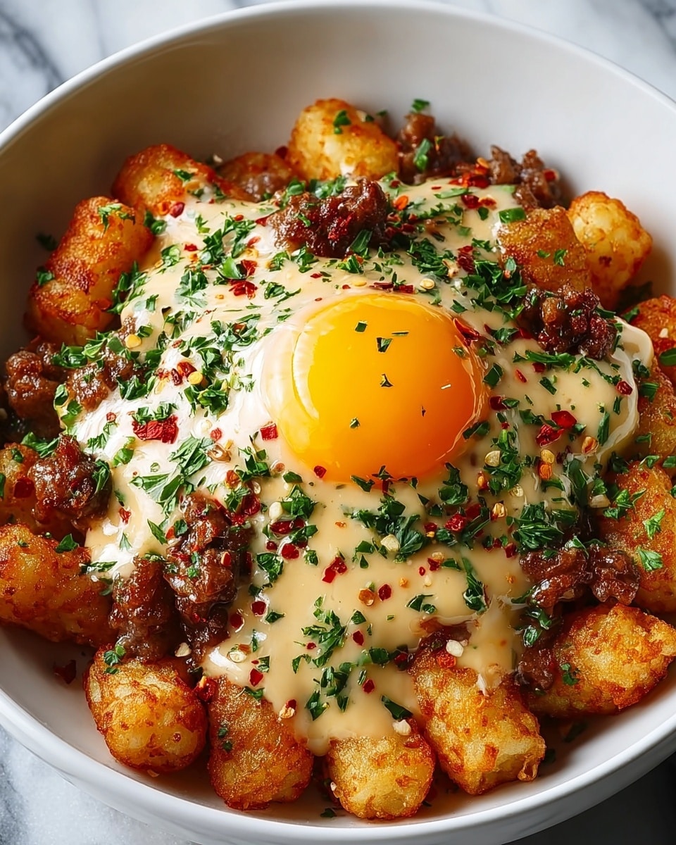 The dish is served in a white bowl on a white marbled surface. The bottom layer consists of golden-brown crispy tater tots arranged closely together. On top, there are pieces of browned, crumbled sausage scattered around. A creamy, beige cheese sauce is poured over the sausage and tater tots, spreading evenly but not fully covering the bottom layer. At the center, a bright, glossy egg yolk sits on top without being cooked through. The dish is sprinkled with finely chopped green herbs and small bits of red pepper flakes, adding color contrast. Photo taken with an iphone --ar 4:5 --v 7