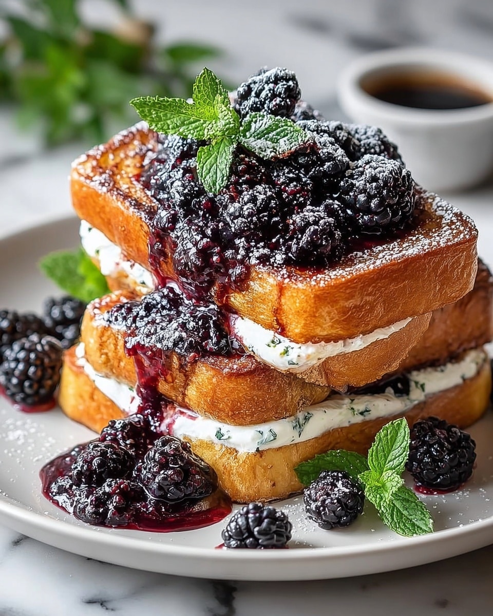 The dish shows two thick slices of golden brown French toast stacked on top of each other on a white plate with a speckled pattern. Between the slices is a generous layer of white cream with green mint pieces mixed in. On top of the upper toast is a heap of glossy dark purple-black blackberries, with some dripping rich berry sauce down the sides. The French toast is dusted with powdered sugar, and a fresh green mint sprig sits on top. Around the plate, there are a few blackberries and small mint leaves scattered. In the blurry background, there is a white bowl with dark sauce and a spoon resting inside. The surface is a white marbled texture. Photo taken with an iphone --ar 4:5 --v 7