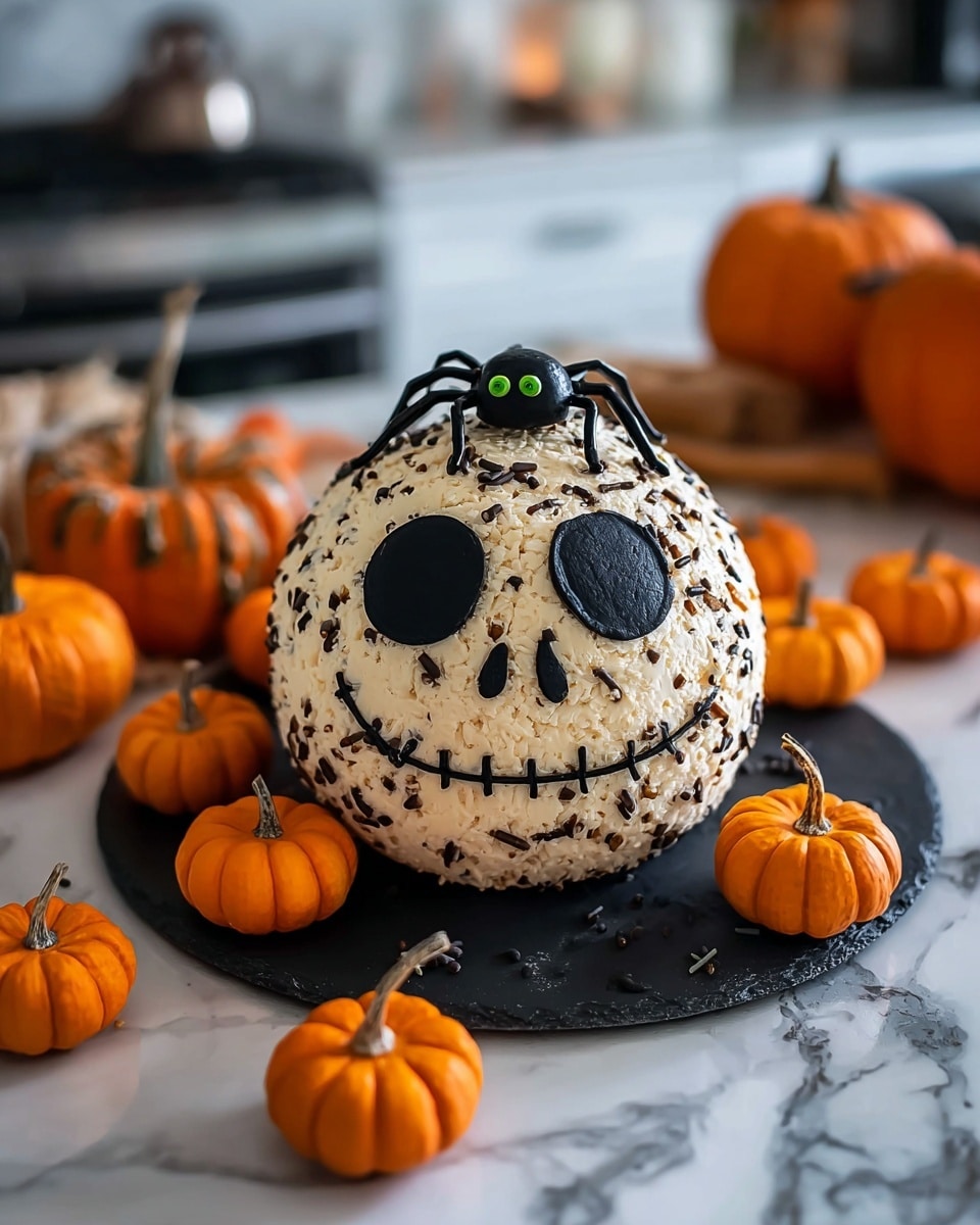 A round cake decorated to look like a skull sits on a black slate tray, surrounded by small orange pumpkins. The cake is covered with white frosting mixed with crushed nuts and black sprinkles for texture. Its large eye sockets are black shiny spheres, and a black stitched smile is drawn around the lower face. On top of the cake, a black plastic spider with green eyes adds a spooky touch. The scene is set on a white marbled surface with blurred kitchen items and a carved pumpkin in the background. Photo taken with an iphone --ar 4:5 --v 7