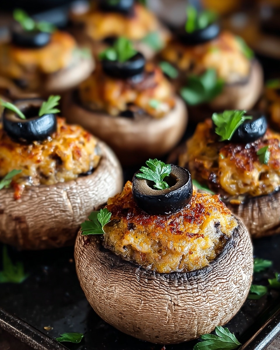 The image shows several stuffed mushrooms on a dark baking tray with a white marbled surface underneath. Each mushroom has three visible layers: the base layer is the light brown, textured mushroom cap; the middle layer is a golden, melted cheese filling with bits of browned crispy texture; the top layer includes a small, dark brown to black round slice of olive, topped with a small fresh green parsley leaf. The mushrooms are evenly spaced and appear slightly shiny, with a warm, cooked look. photo taken with an iphone --ar 4:5 --v 7