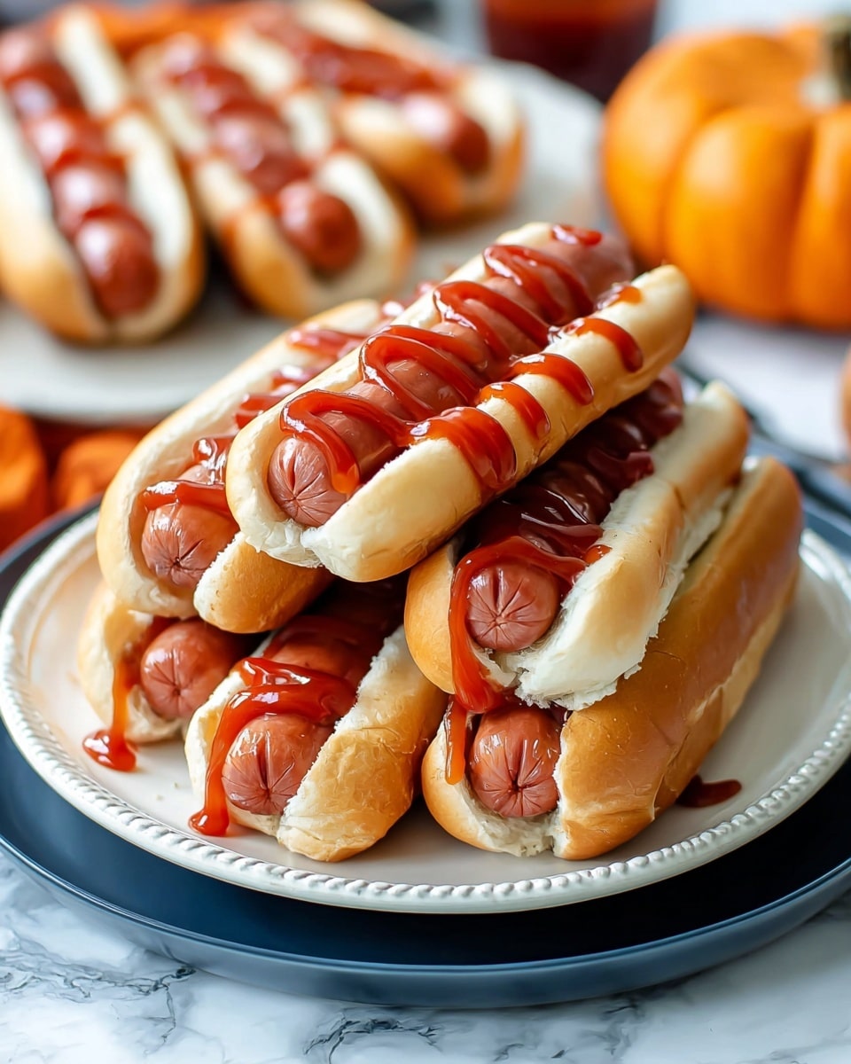 A white plate with a beaded edge holds seven hot dogs arranged closely, each with a soft, light brown bun sliced to cradle a shiny, grilled sausage. Bright red ketchup is drizzled over the sausages in a zigzag pattern, some dripping onto the plate. The plate sits on a black tray with a curved edge, all placed on a white marbled surface. In the background, there is a blurred second white plate with more hot dogs and an orange pumpkin on the right side, adding a cozy feel. photo taken with an iphone --ar 4:5 --v 7