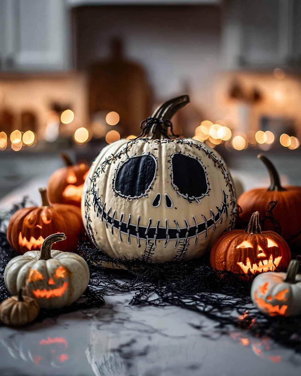 A large pumpkin cake with white icing covers the whole surface and is decorated with black icing lines that form stitched patterns and hollow eyes, nose, and mouth resembling a spooky face, positioned in the center. Surrounding this main pumpkin are several small pumpkins in white and orange colors, with two small orange pumpkins glowing from inside and having carved jack-o'-lantern faces, one with a classic triangle eye and mouth design. The pumpkins sit on a white marbled texture with some black decorative mesh spread around them. The background shows a blurred kitchen setting with warm lights. Photo taken with an iphone --ar 4:5 --v 7