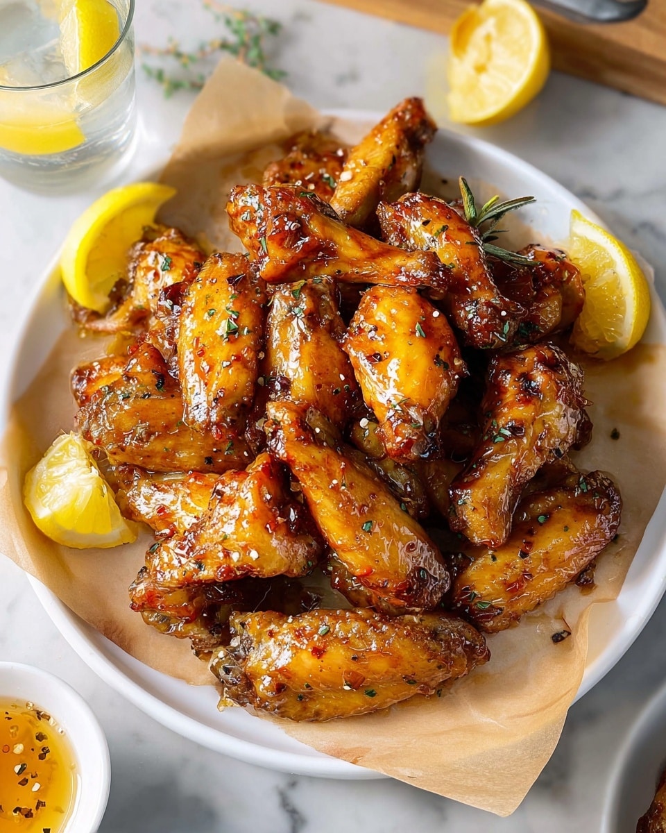 A white bowl filled with a pile of golden-brown chicken wings, glistening with a light layer of sauce and sprinkled with coarse salt, black pepper, and small green herb bits. The wings include a mix of drumettes and flat pieces, showing crispy, slightly charred edges with a shiny texture. Underneath the wings, there is a sheet of pale brown parchment paper lining the bowl. Scattered small lemon wedges with bright yellow skin and pale yellow flesh are placed around the bowl. Nearby, a white bowl with a golden oil and herbs, and a glass of lemon water with a sliced lemon floating inside, sit on a white marbled surface. photo taken with an iphone --ar 4:5 --v 7