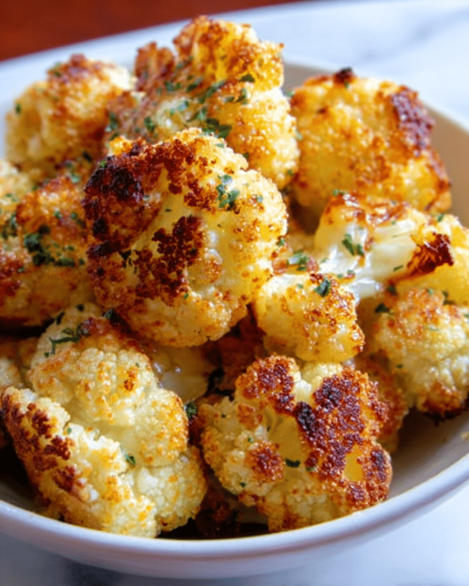 The image shows a white bowl filled with roasted cauliflower florets, each one golden brown and slightly crispy on the edges. The cauliflower pieces have a textured surface with charred spots, giving them a roasted look. Small green herb bits, likely parsley, are sprinkled lightly over the top, adding a touch of color contrast to the warm tones of the cauliflower. The bowl is set on a white marbled surface, enhancing the colors of the food. Photo taken with an iphone --ar 4:5 --v 7