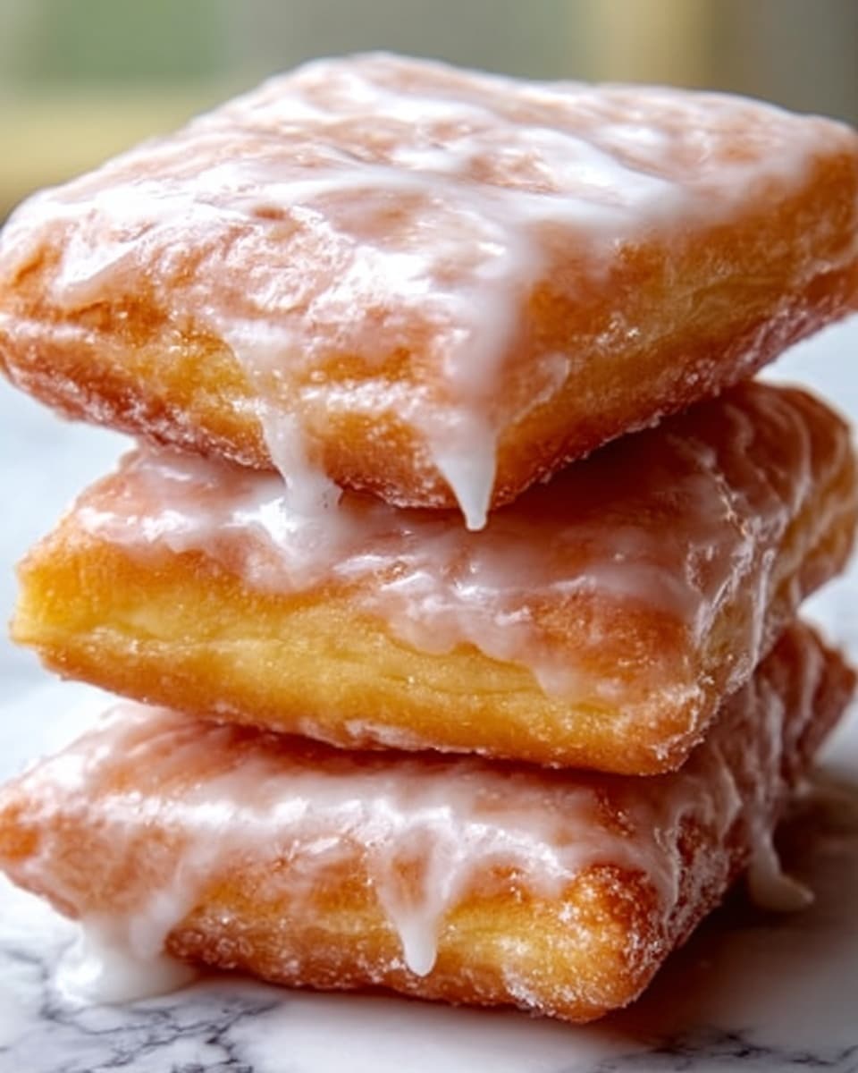 A close-up image of three square, golden-brown fried pastries stacked on top of each other, each layer showing a slightly crispy and shiny glaze coating that adds a glossy texture. The top pastry has visible glaze dripping down the sides, enhancing its sticky, sweet look. The background has a soft, blurred effect with a hint of natural light highlighting the crispy edges and the glaze's shine. photo taken with an iphone --ar 4:5 --v 7