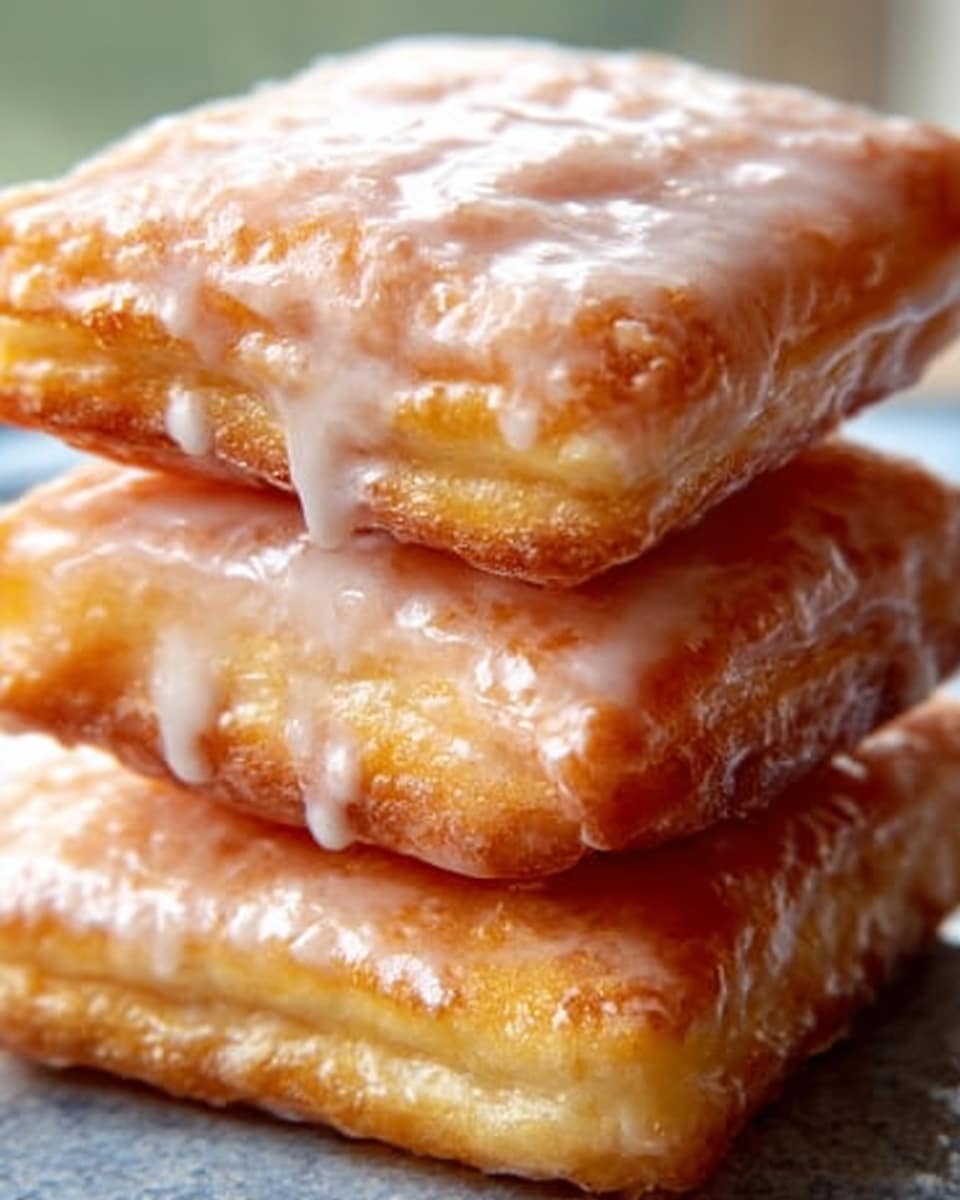 The image shows a close-up of three square beignets stacked on top of each other. Each beignet is golden brown with a slightly crispy texture and is covered with a shiny, white glaze that drips down the edges, catching the light. The background has a white marbled texture, giving a clean and bright look. Photo taken with an iphone --ar 4:5 --v 7