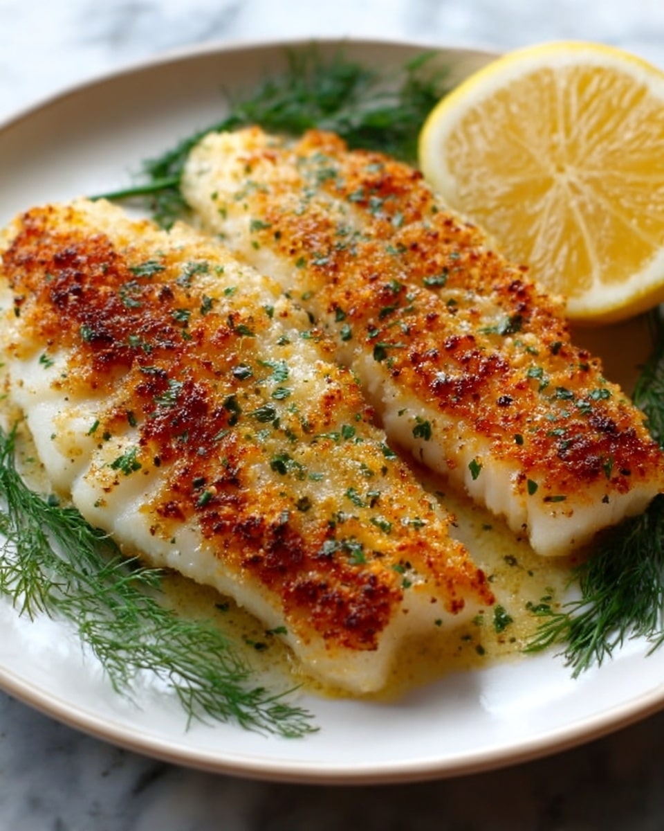 Two pieces of cooked fish fillets with a golden-brown, slightly crispy crust sit on a white plate. The fillets are sprinkled with green herbs, and a half lemon with a pale yellow color rests at the top right side of the plate. Fresh green dill is visible underneath the fish, adding a touch of color and freshness. The plate is placed on a white marbled surface. photo taken with an iphone --ar 4:5 --v 7