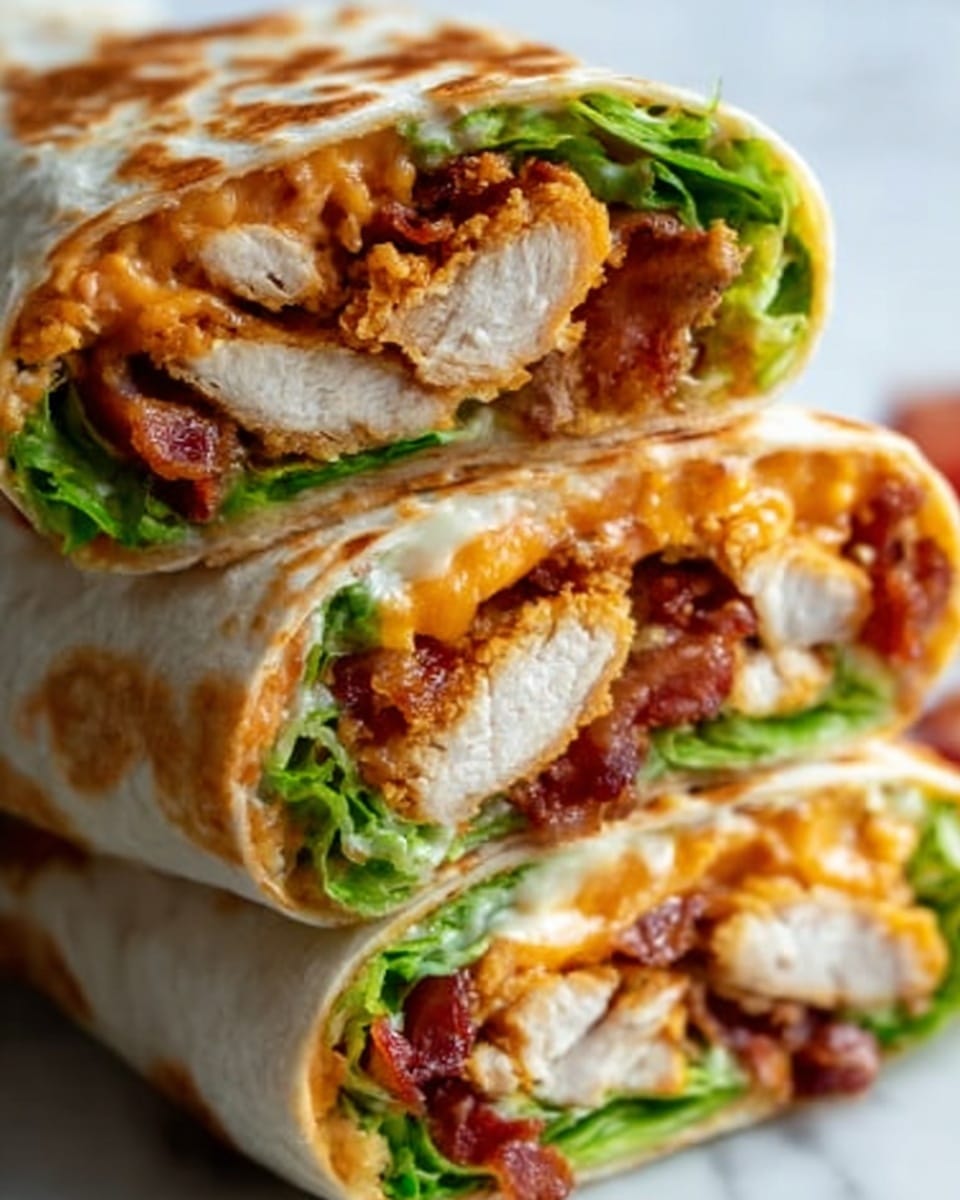 The image shows three close-up chicken wraps stacked together on a white marbled surface. Each wrap has a soft, lightly toasted tortilla that is slightly brown with warm, golden tones. Inside, there are thick layers of crispy fried chicken with a crunchy texture and golden-brown color, followed by melted orange cheese, fresh green lettuce leaves, and bits of crispy bacon with a reddish-brown color. The wraps are cut in half, showing the layers clearly from front to back, with the fillings tightly packed inside. The focus is sharp, highlighting the contrast between the crispy textures and fresh greens. Photo taken with an iphone --ar 4:5 --v 7