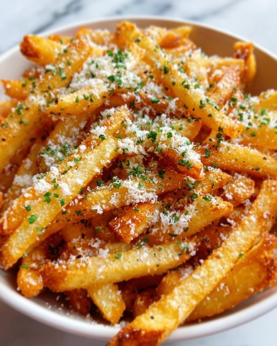 A close-up view of a pile of golden-brown French fries in a white bowl, each fry crispy with slight rough texture and a light coating of grated cheese scattered evenly on top. Small chopped green herbs are sprinkled throughout, adding a fresh color contrast against the warm fries. The fries appear thick and soft inside, with some showing slight variations in color, from light yellow to deeper golden brown. The background is a white marbled texture. Photo taken with an iphone --ar 4:5 --v 7