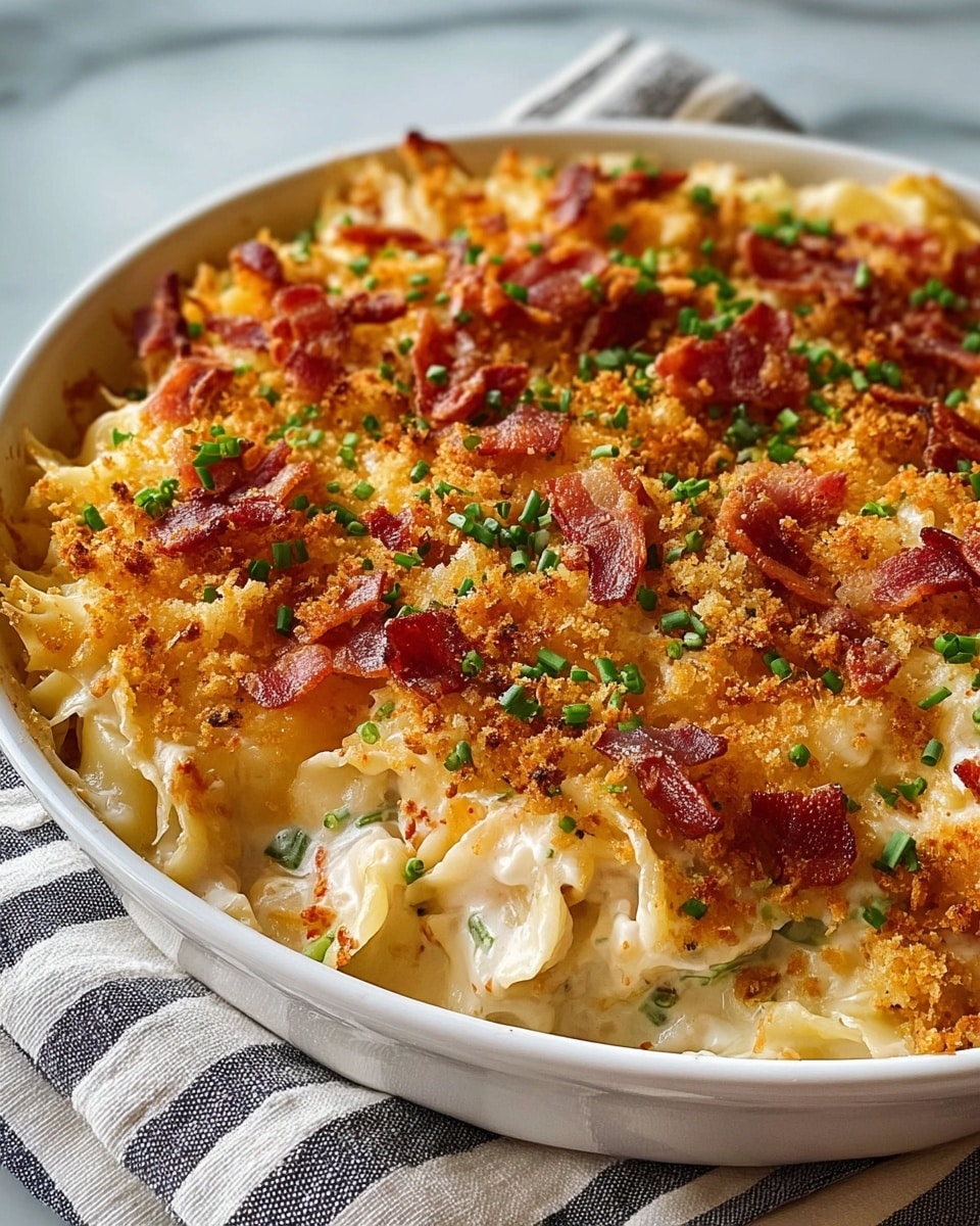 A baked macaroni and cheese dish is shown in a white, round, ribbed casserole dish. The top layer is golden brown, crispy breadcrumbs scattered over melted cheese with small pieces of crispy bacon and green chopped chives spread evenly. Below the topping is a creamy, melted cheese sauce mixed with pasta shells that are pale yellow and softly textured. The edges of the dish show gooey cheese stretching with bits of bacon close to the surface, sitting on a soft fabric. The photo is close-up, focused on the front portion of the dish, highlighting the crunchy, cheesy surface and colorful garnishes. Photo taken with an iphone --ar 4:5 --v 7